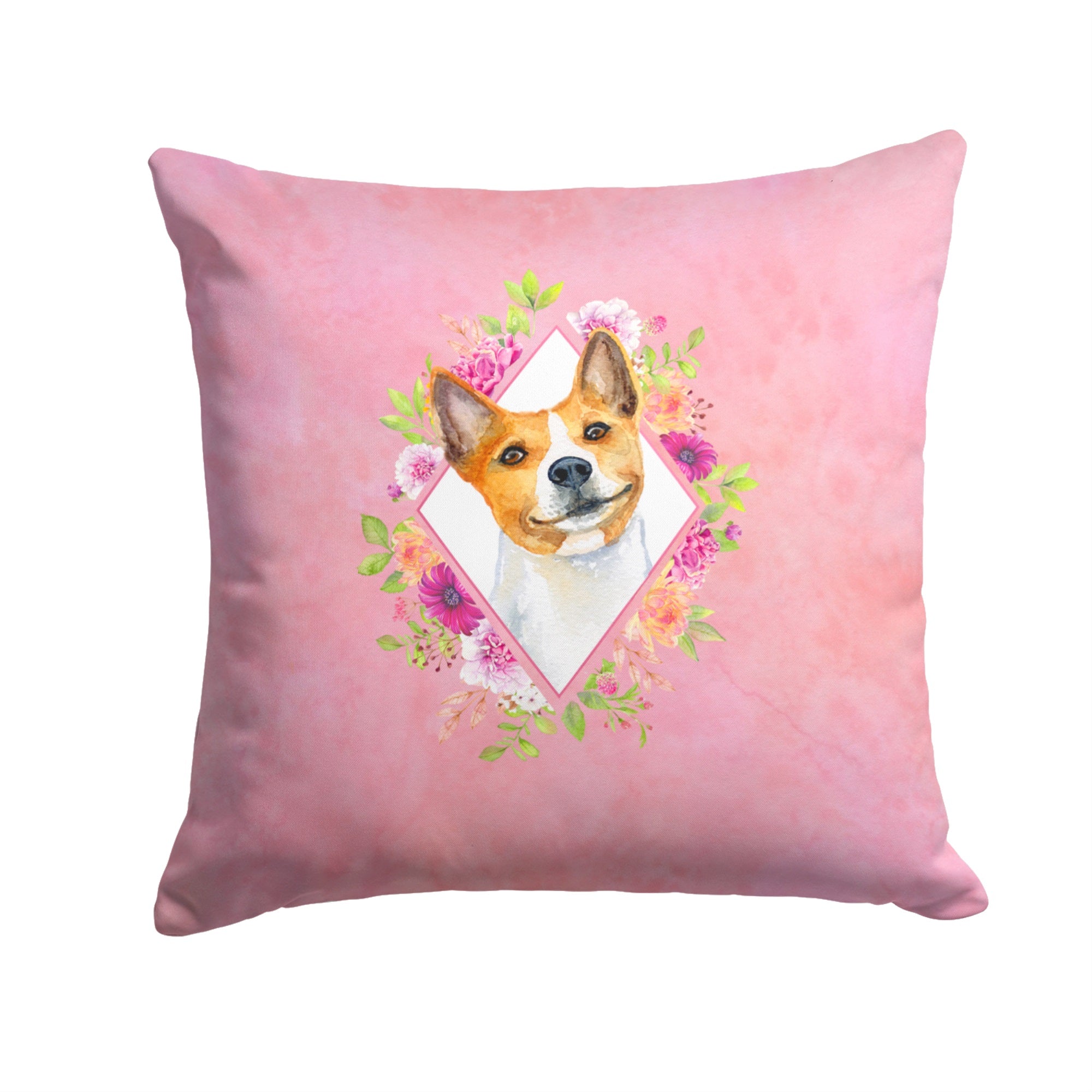 Basenji Pink Flowers Fabric Decorative Pillow