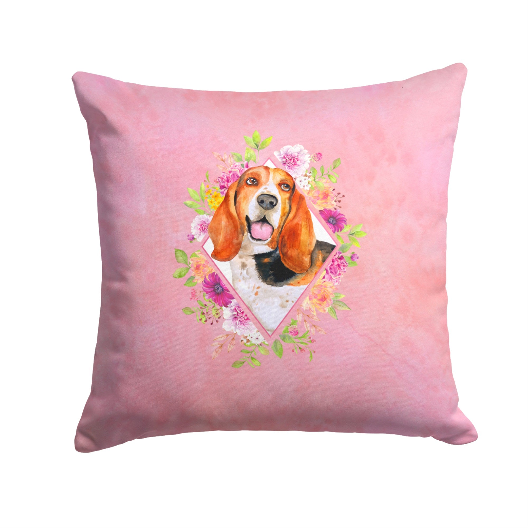 Basset Hound Pink Flowers Fabric Decorative Pillow