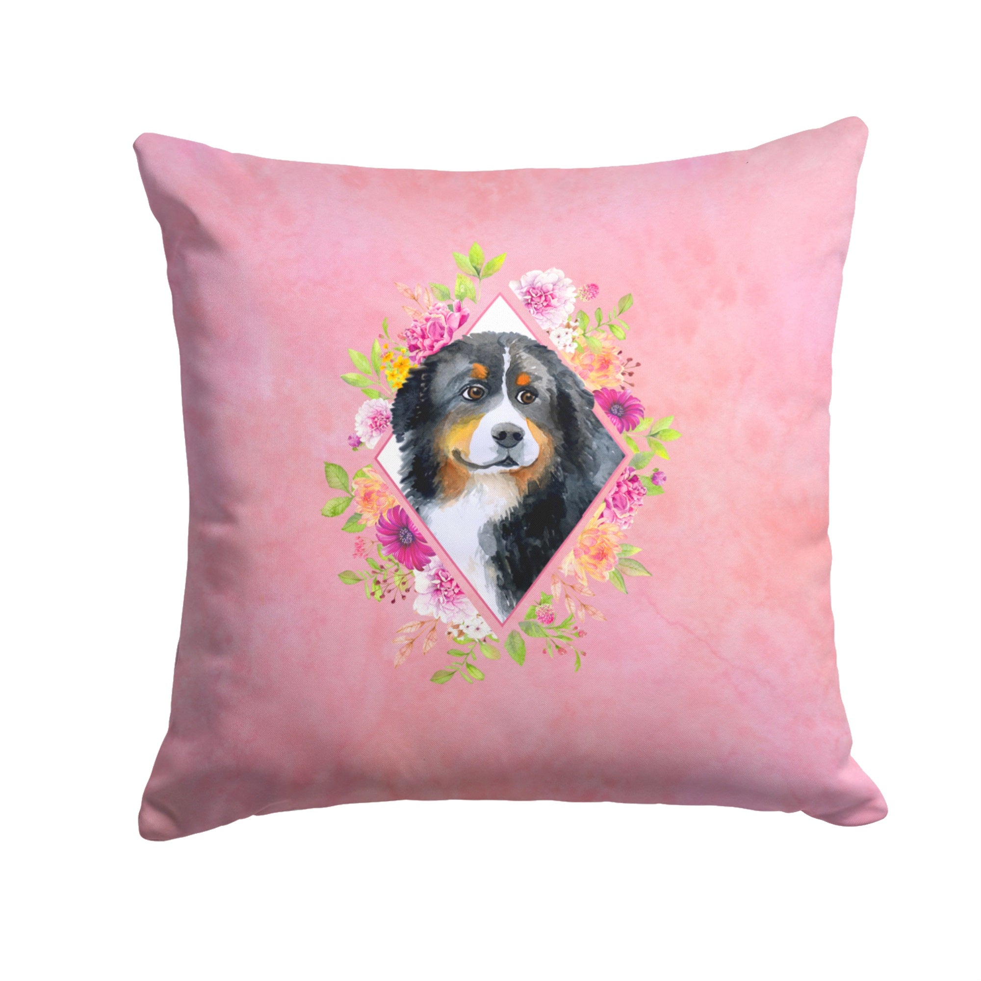 Bernese Mountain Dog Pink Flowers Fabric Decorative Pillow