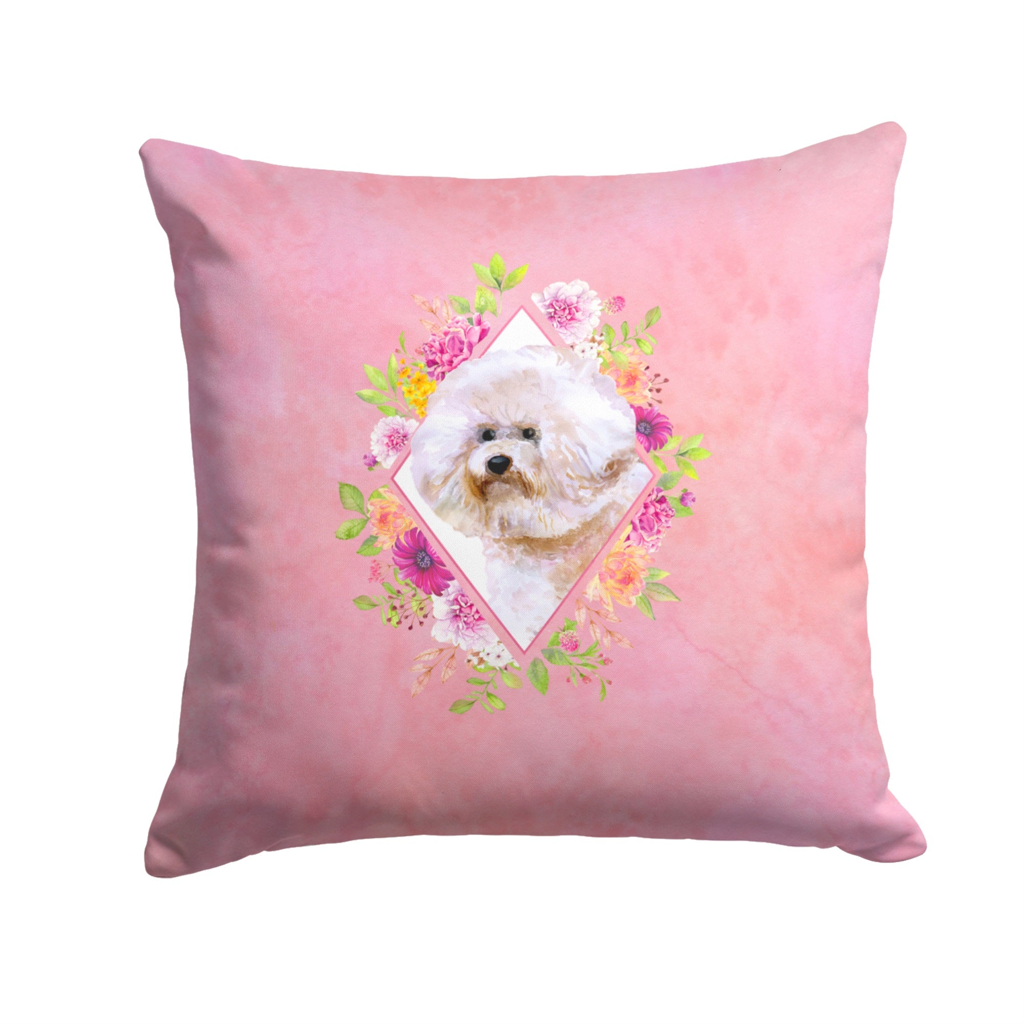 Bichon Fris #1 Pink Flowers Fabric Decorative Pillow