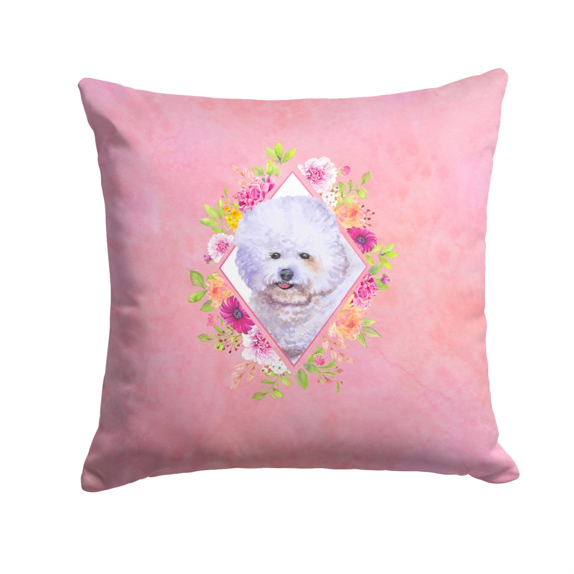 Bichon Fris #2 Pink Flowers Fabric Decorative Pillow