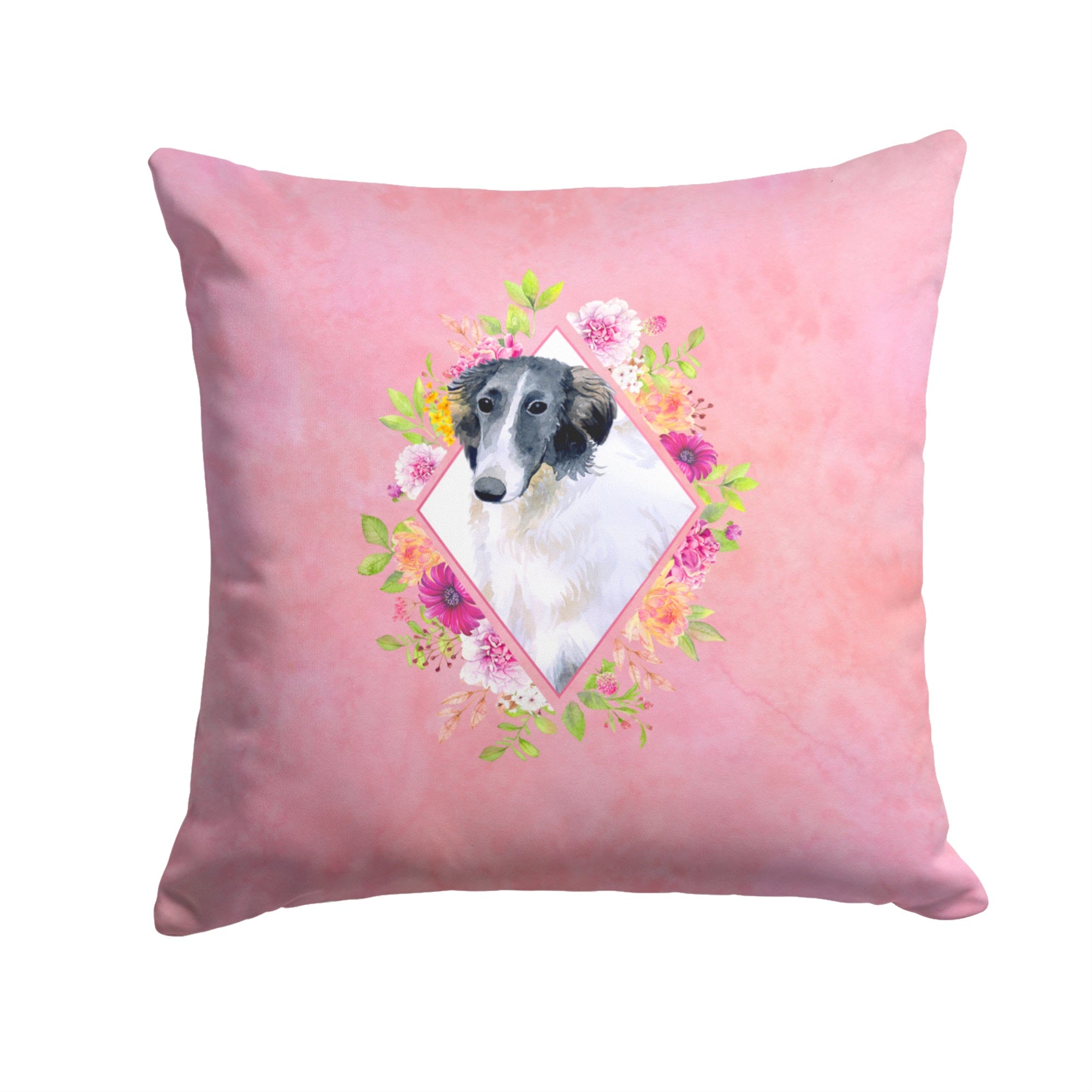 Borzoi Pink Flowers Fabric Decorative Pillow