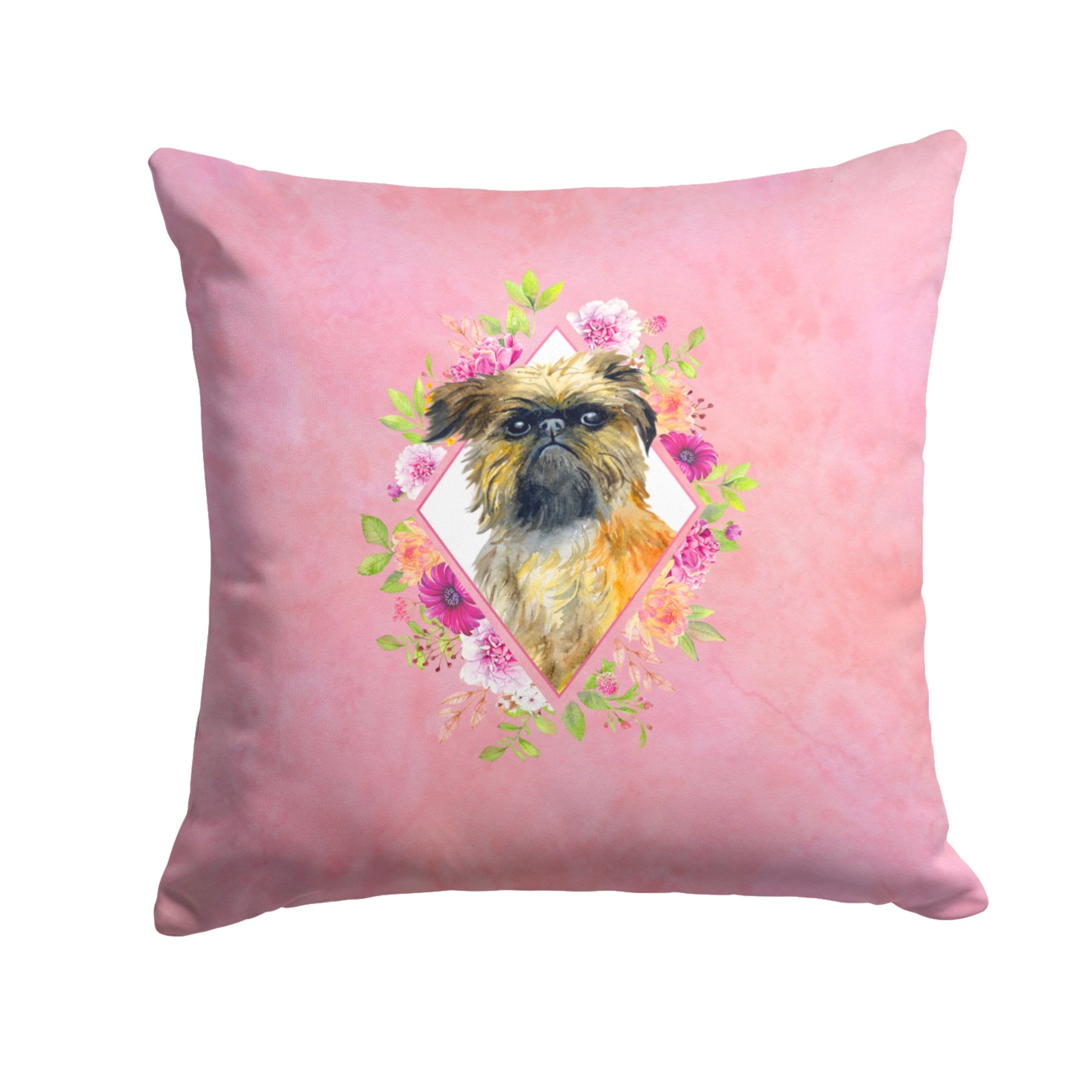 Brussels Griffon Pink Flowers Fabric Decorative Pillow