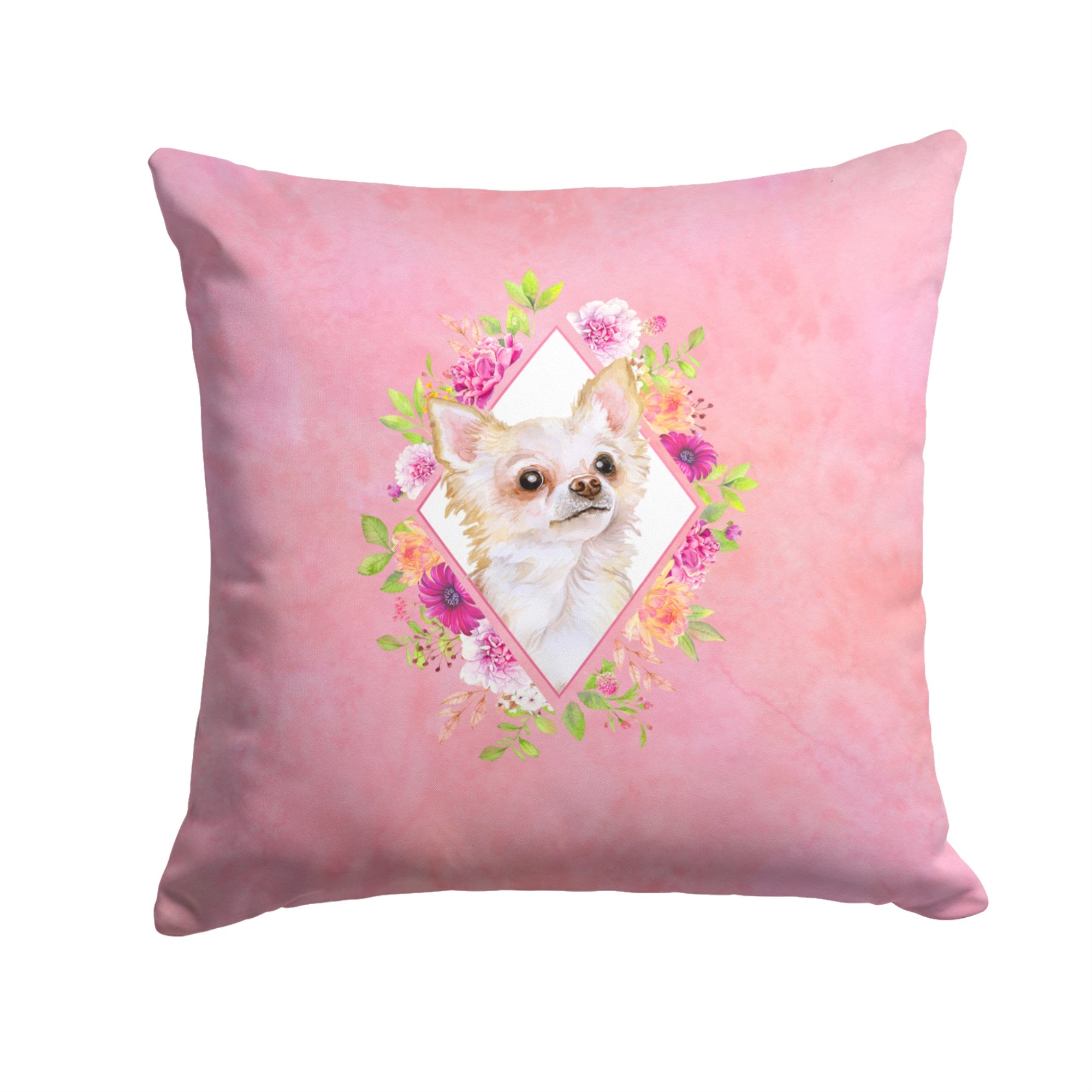 Long Hair Chihuahua Pink Flowers Fabric Decorative Pillow