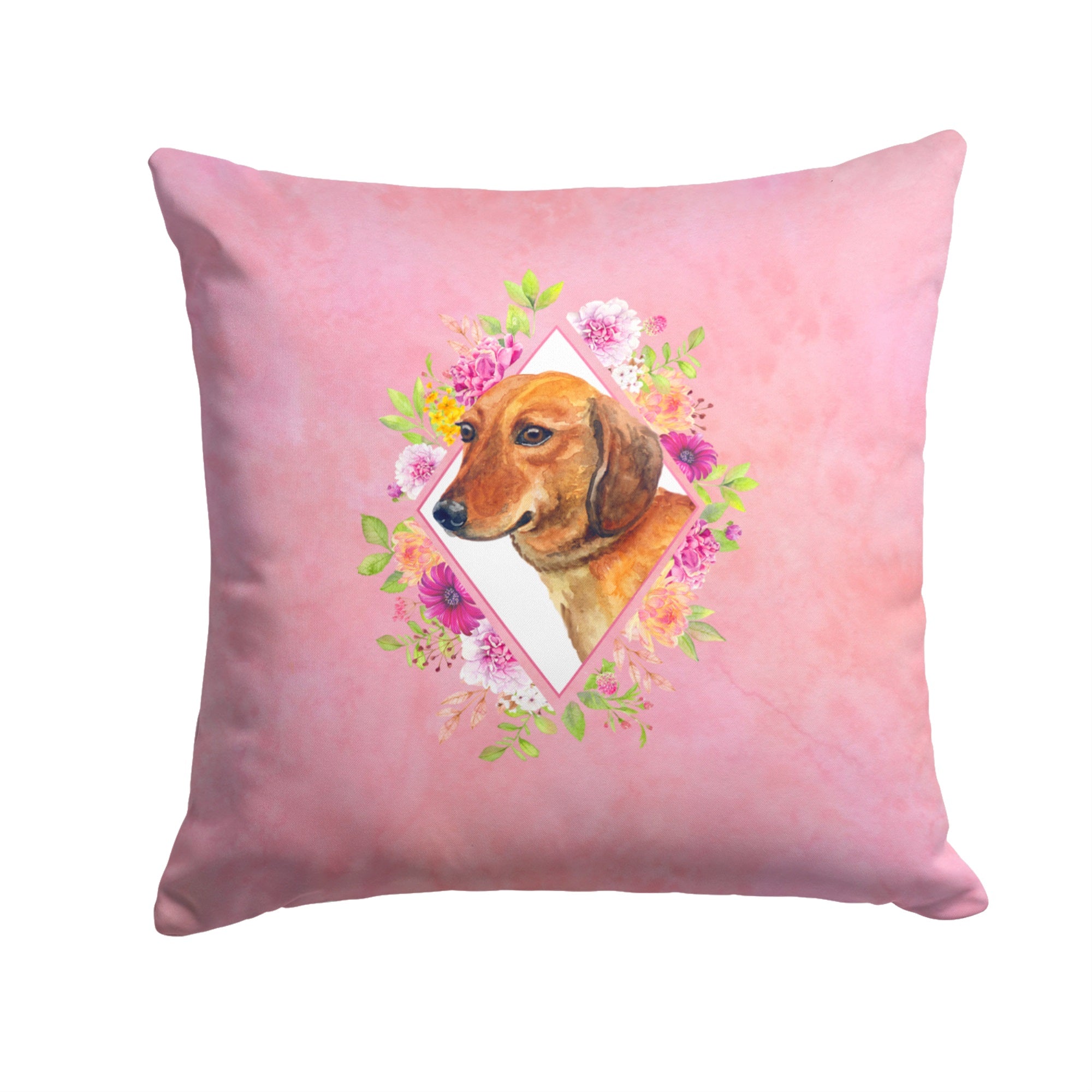 Dachshund Red #1 Pink Flowers Fabric Decorative Pillow