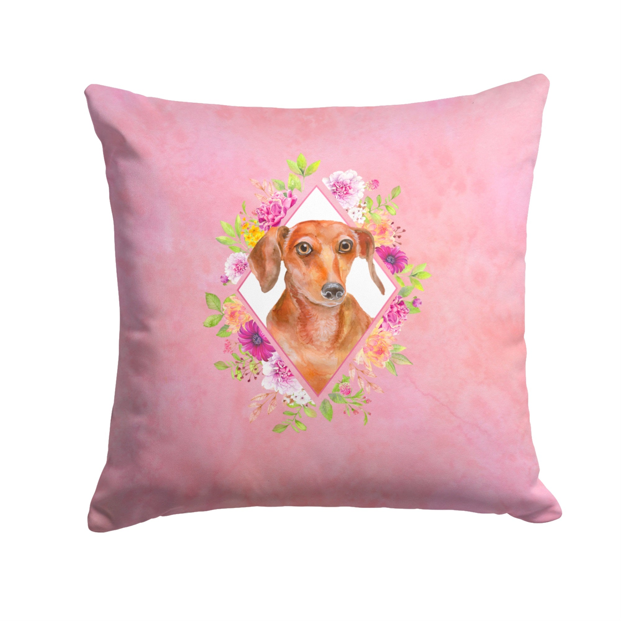 Dachshund Red #2 Pink Flowers Fabric Decorative Pillow