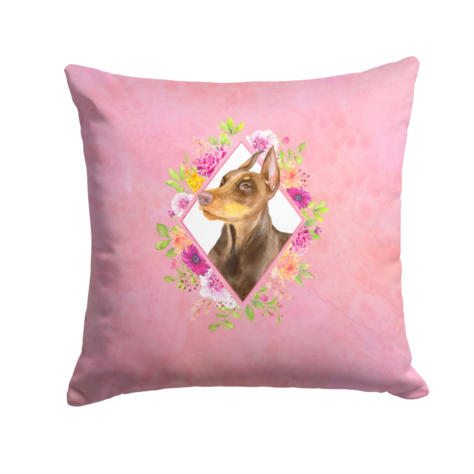 Doberman Pinscher Pink Flowers Fabric Decorative Pillow