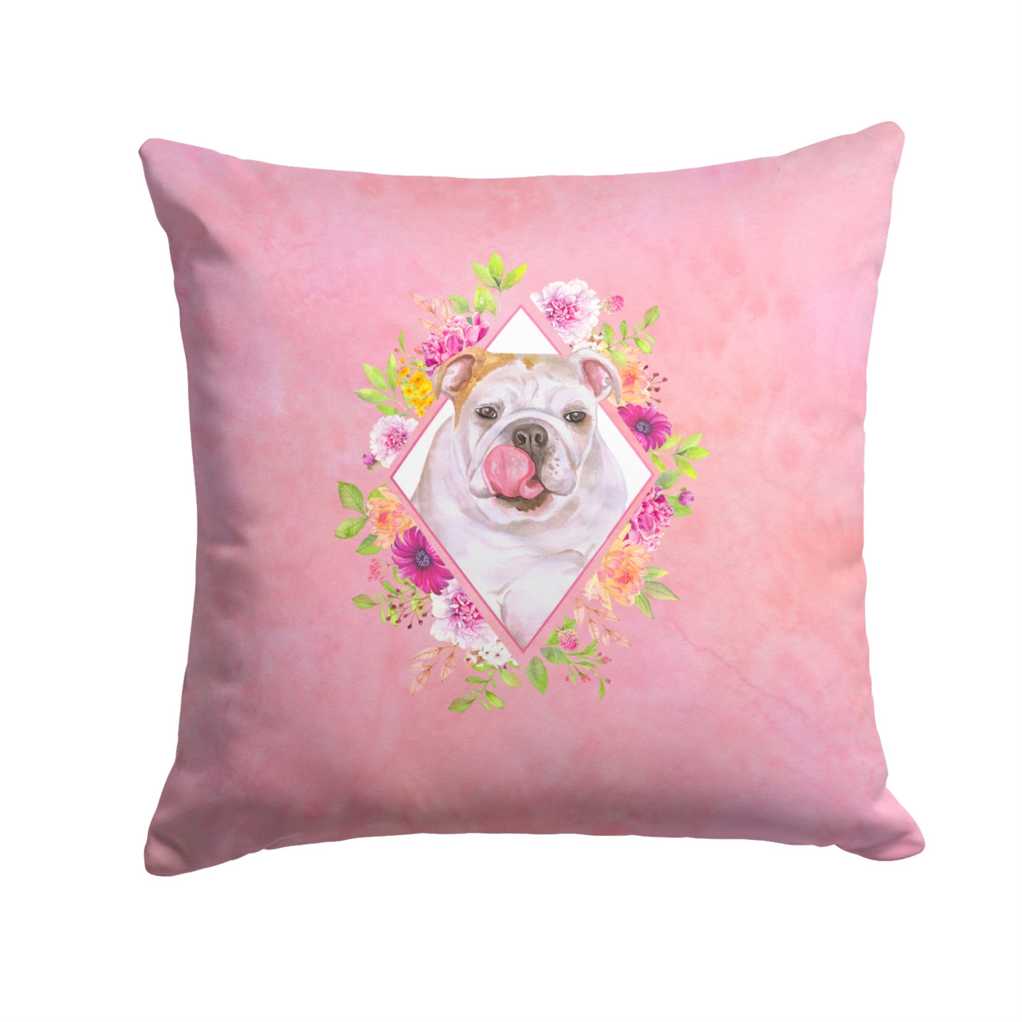 English Bulldog Pink Flowers Fabric Decorative Pillow