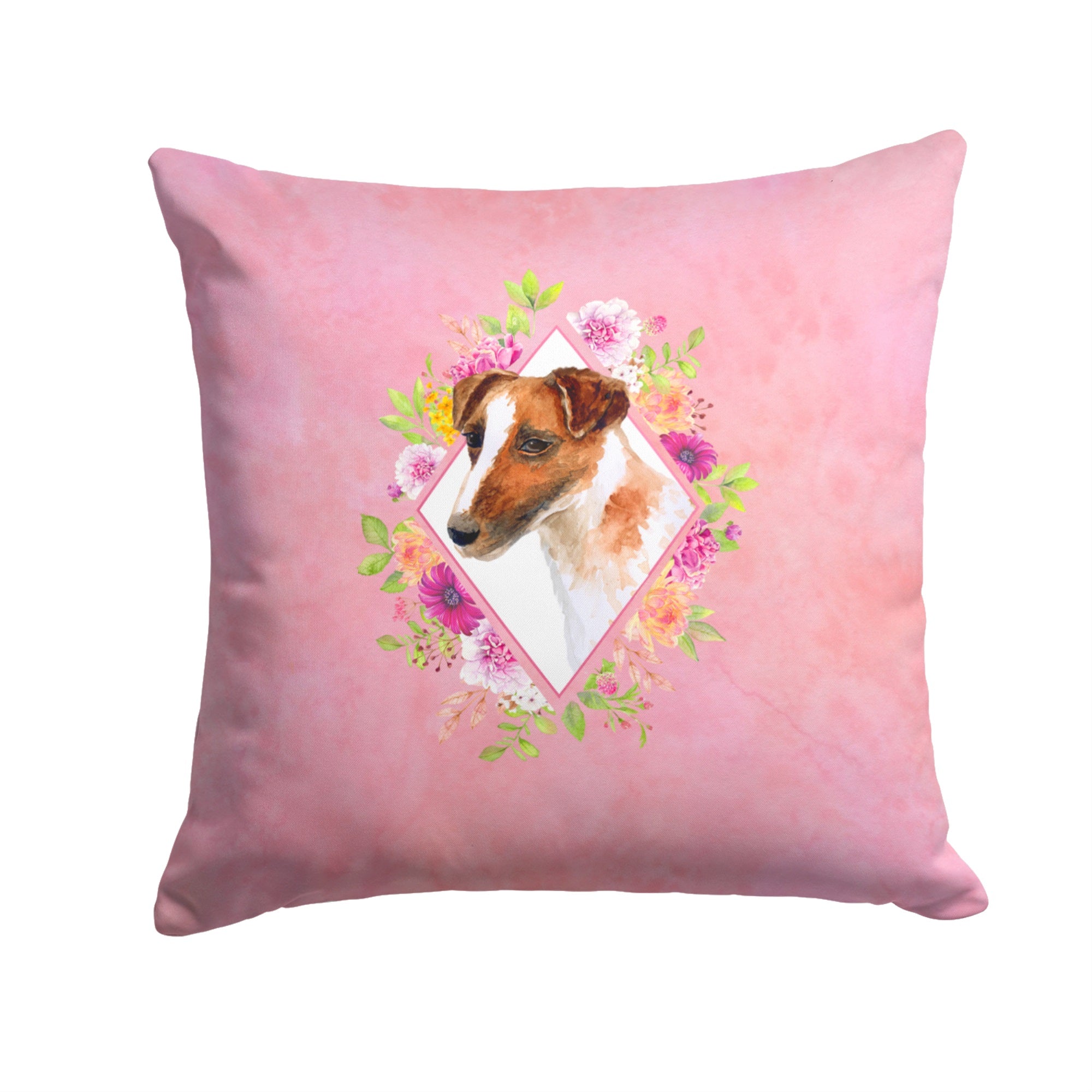 Jack Russell Terrier Pink Flowers Fabric Decorative Pillow