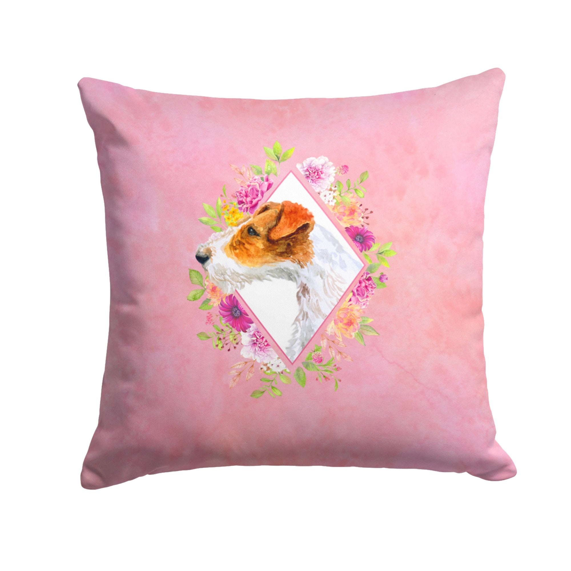 Jack Russell Terrier #2 Pink Flowers Fabric Decorative Pillow