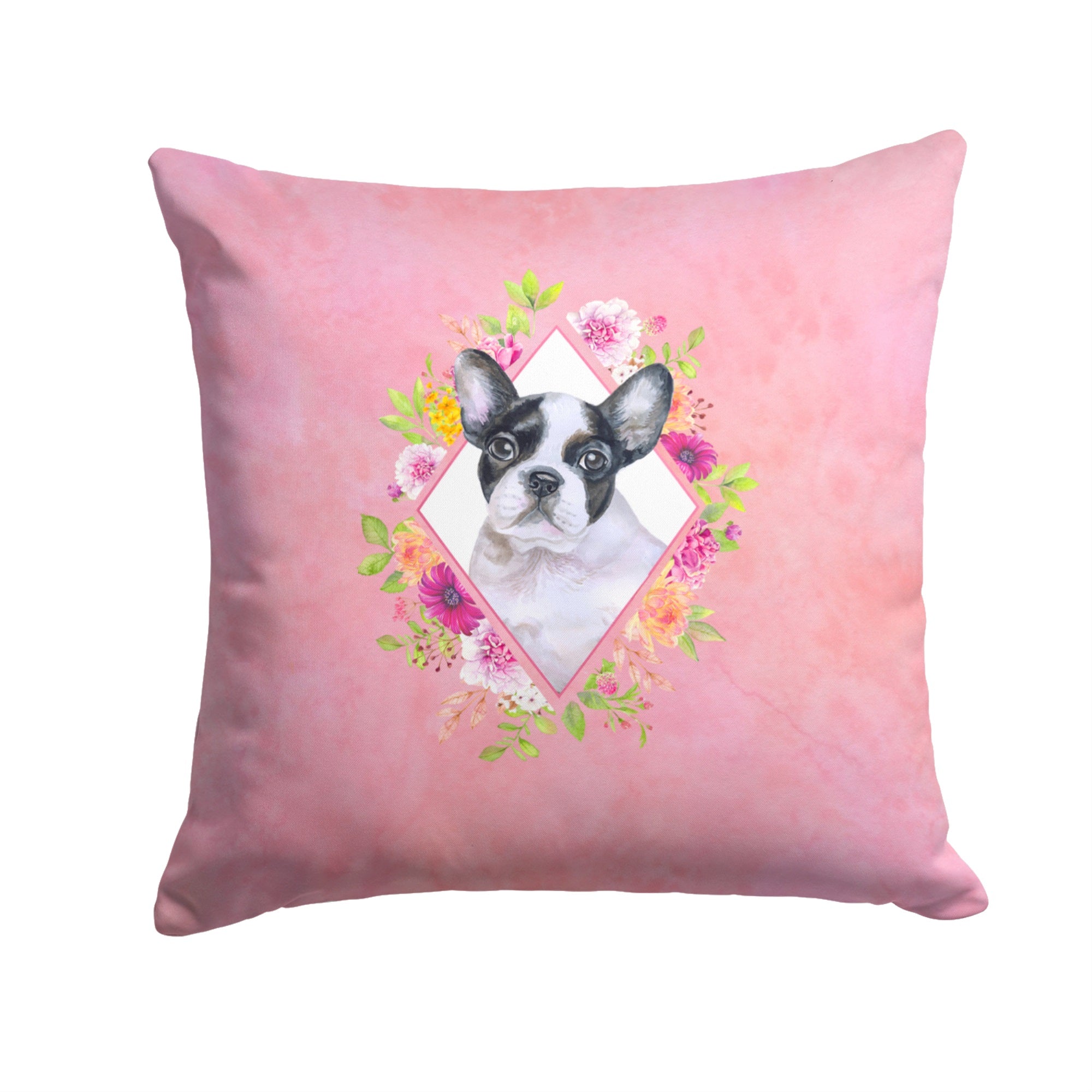 French Bulldog Pink Flowers Fabric Decorative Pillow