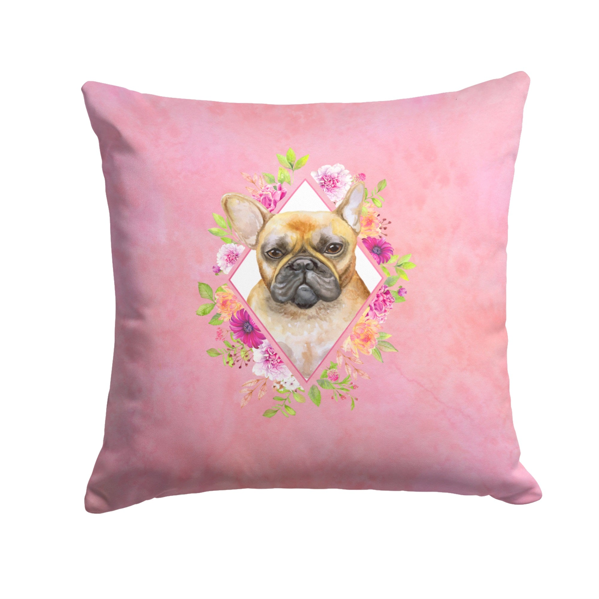 Fawn French Bulldog Pink Flowers Fabric Decorative Pillow
