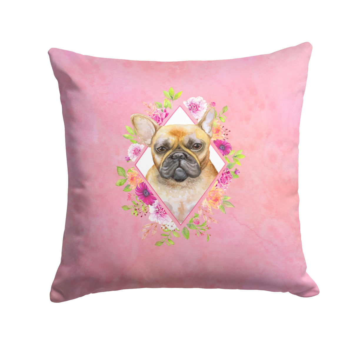 Fawn French Bulldog Pink Flowers Fabric Decorative Pillow