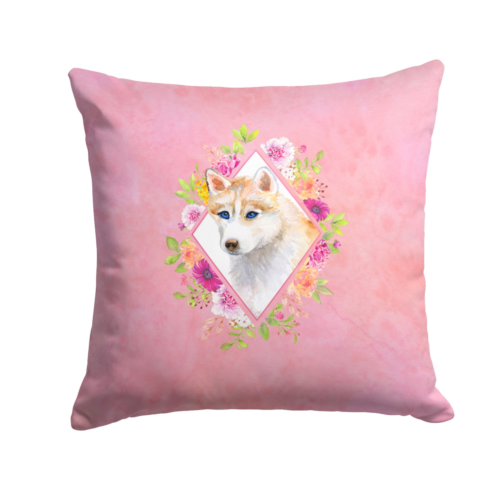 Red Siberian Husky Pink Flowers Fabric Decorative Pillow