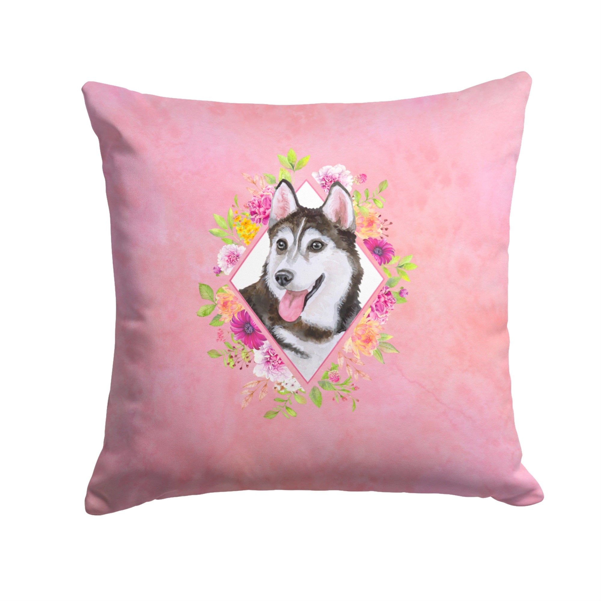 Siberian Husky #1 Pink Flowers Fabric Decorative Pillow