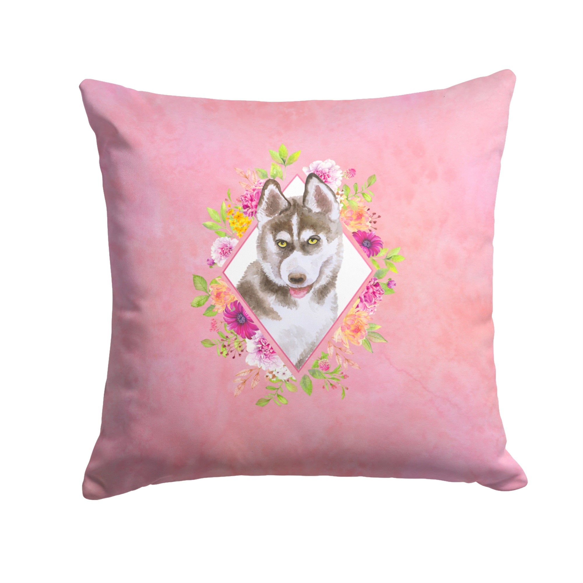 Siberian Husky #2 Pink Flowers Fabric Decorative Pillow
