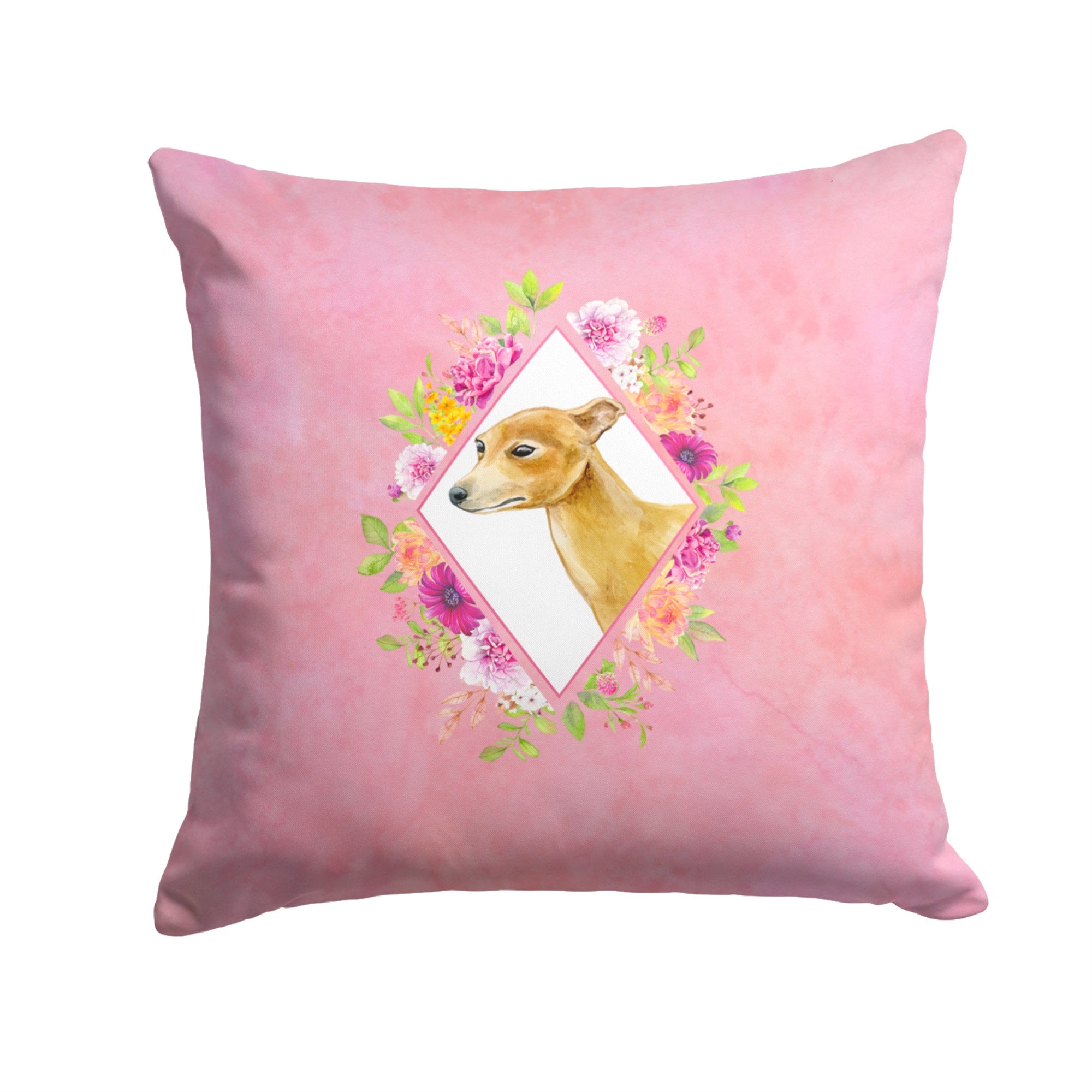 Italian Greyhound Pink Flowers Fabric Decorative Pillow
