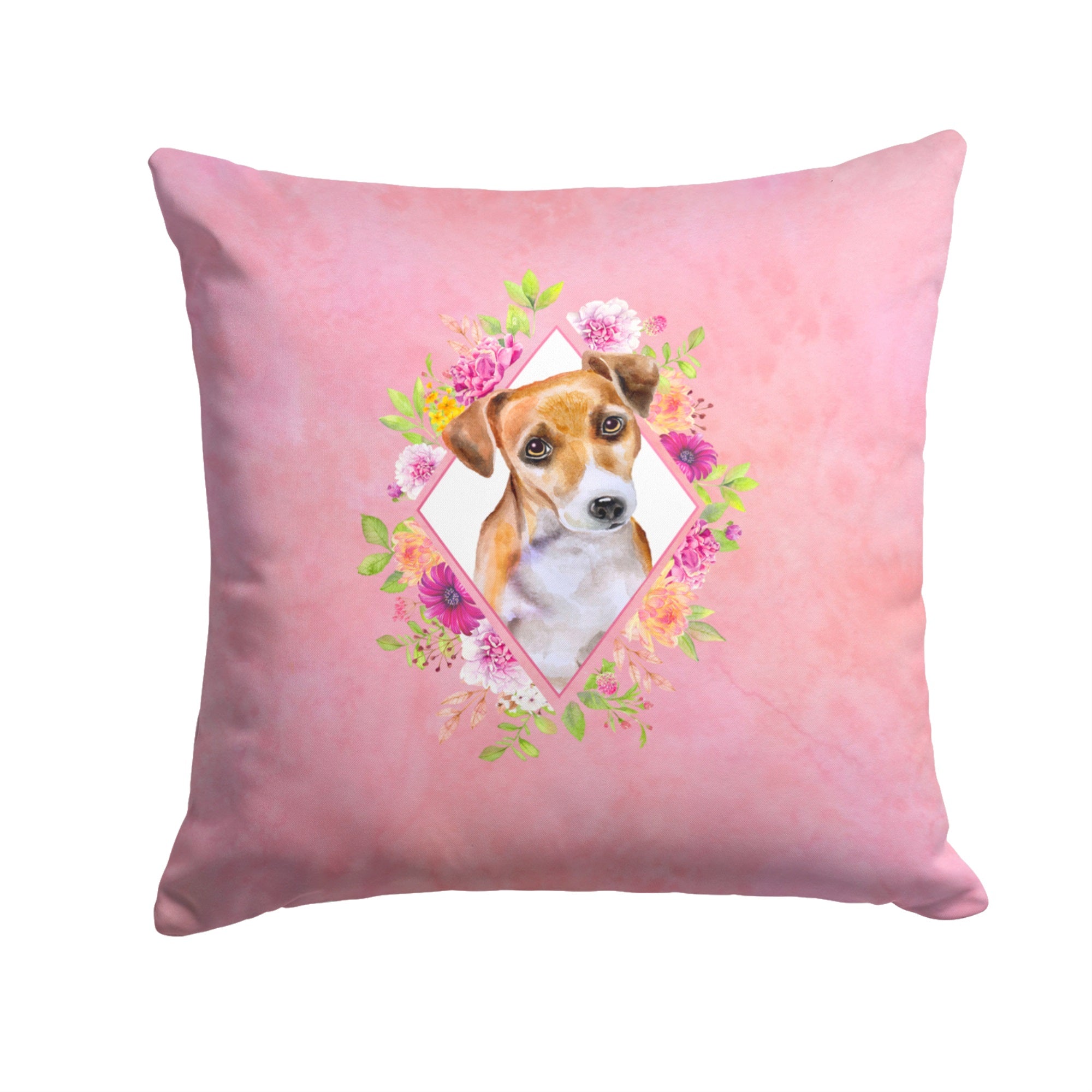 Jack Russell Terrier #1 Pink Flowers Fabric Decorative Pillow