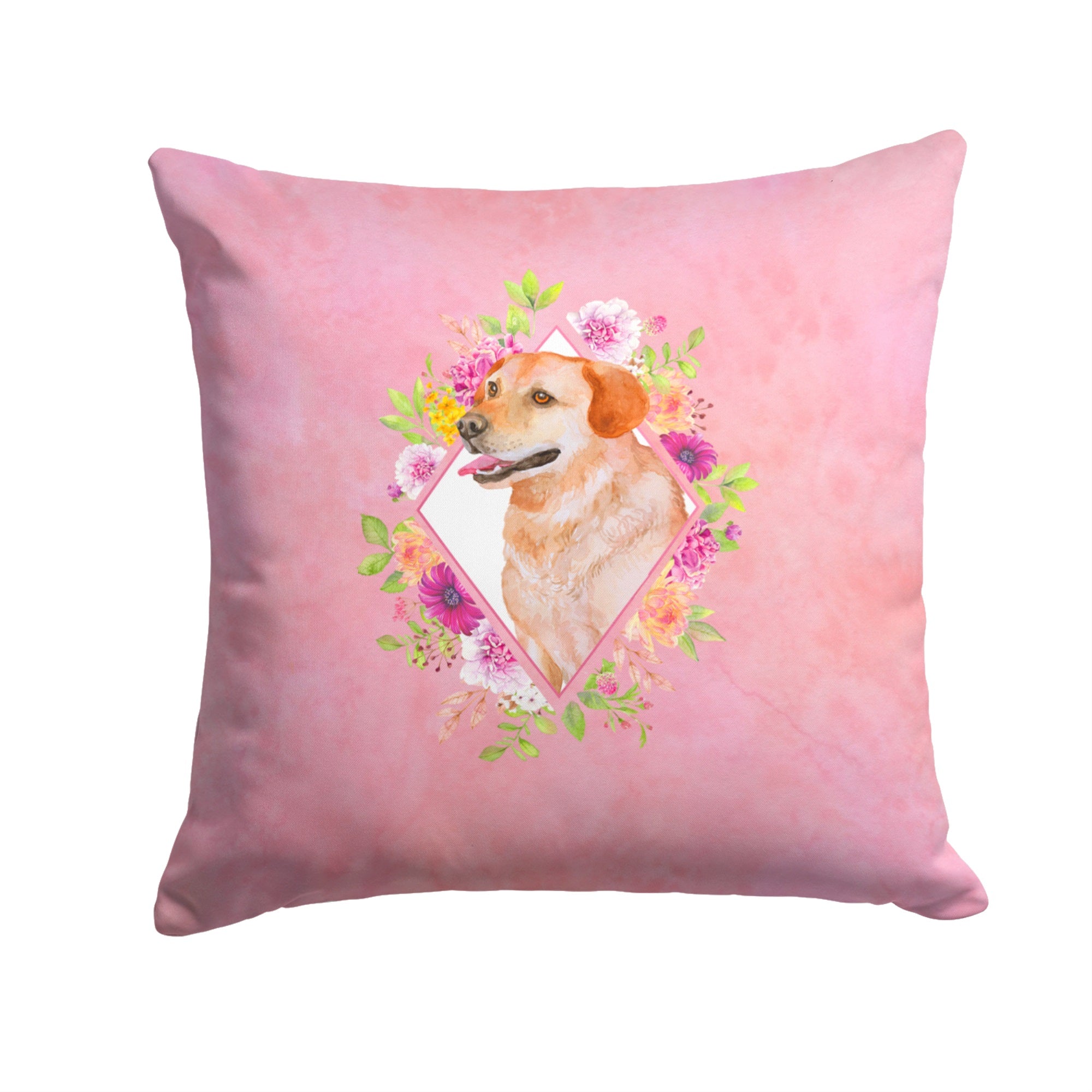 Yellow Labrador Retriever Pink Flowers Fabric Decorative Pillow