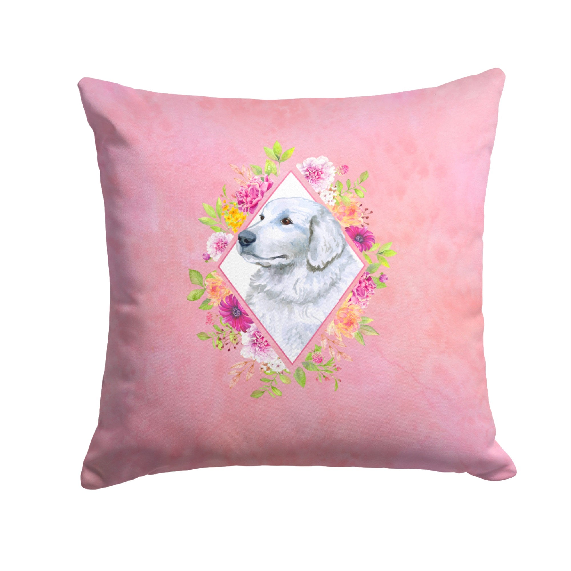 Great Pyrenees Pink Flowers Fabric Decorative Pillow