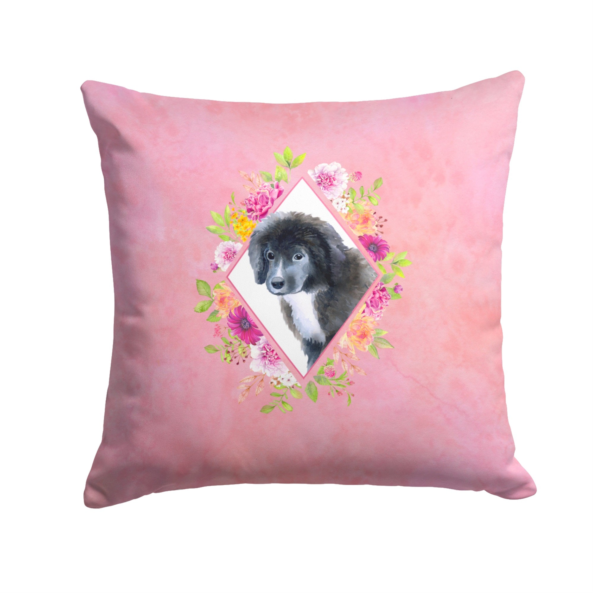 Newfoundland Puppy Pink Flowers Fabric Decorative Pillow