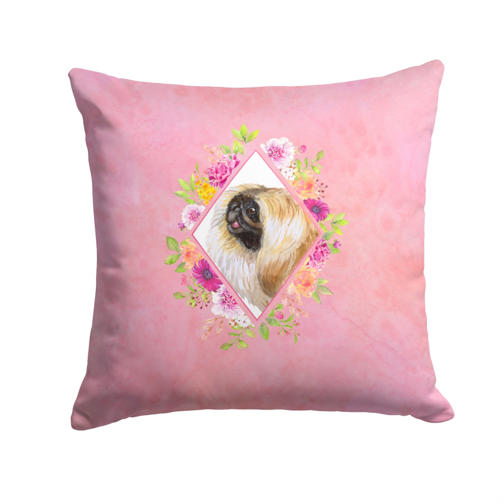 Pekingese Pink Flowers Fabric Decorative Pillow