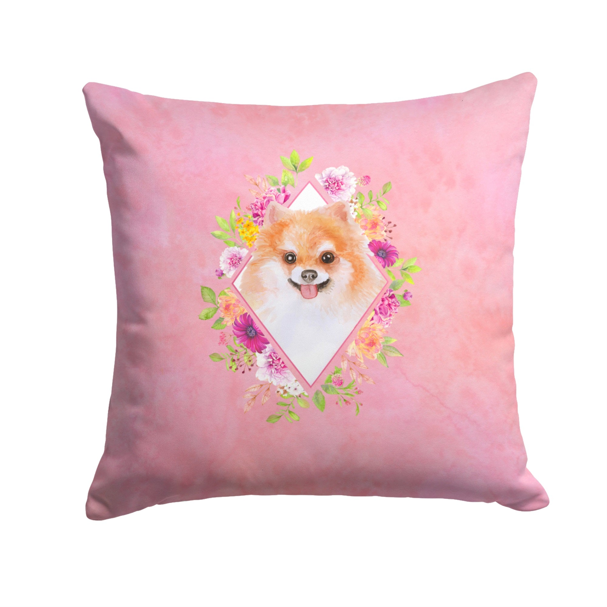 Pomeranian #1 Pink Flowers Fabric Decorative Pillow