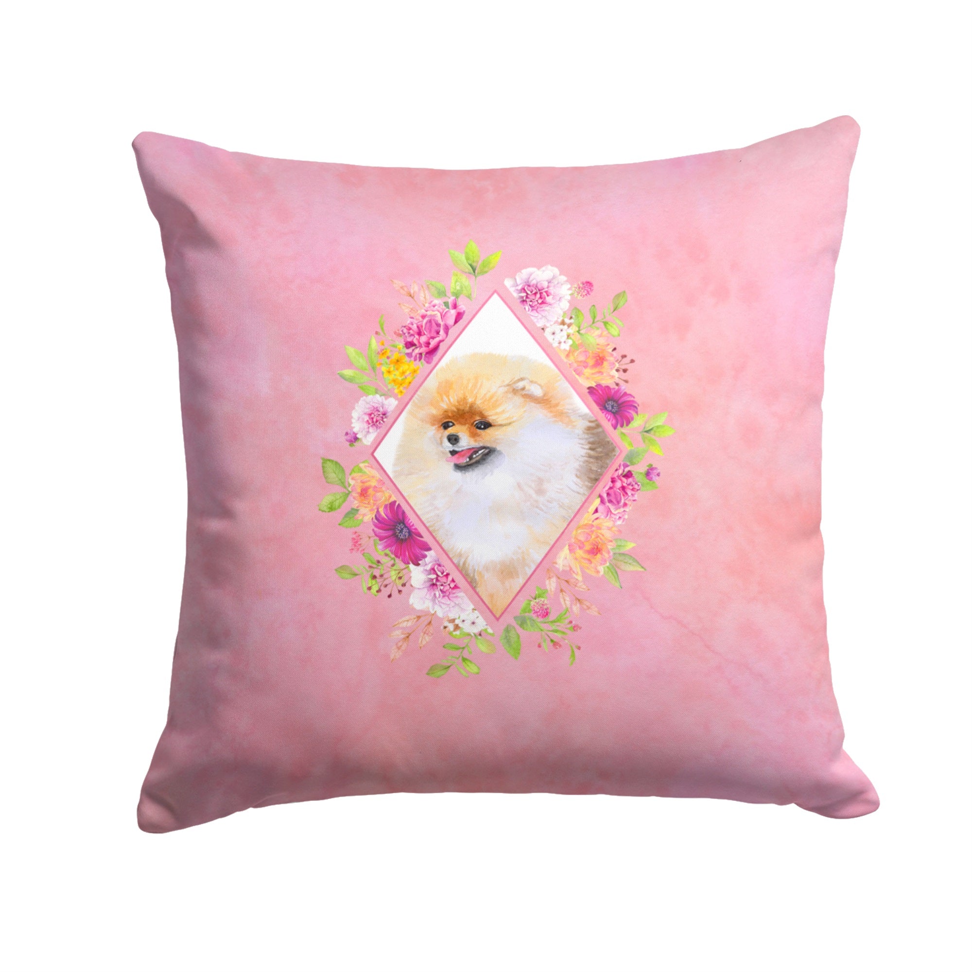 Pomeranian #2 Pink Flowers Fabric Decorative Pillow