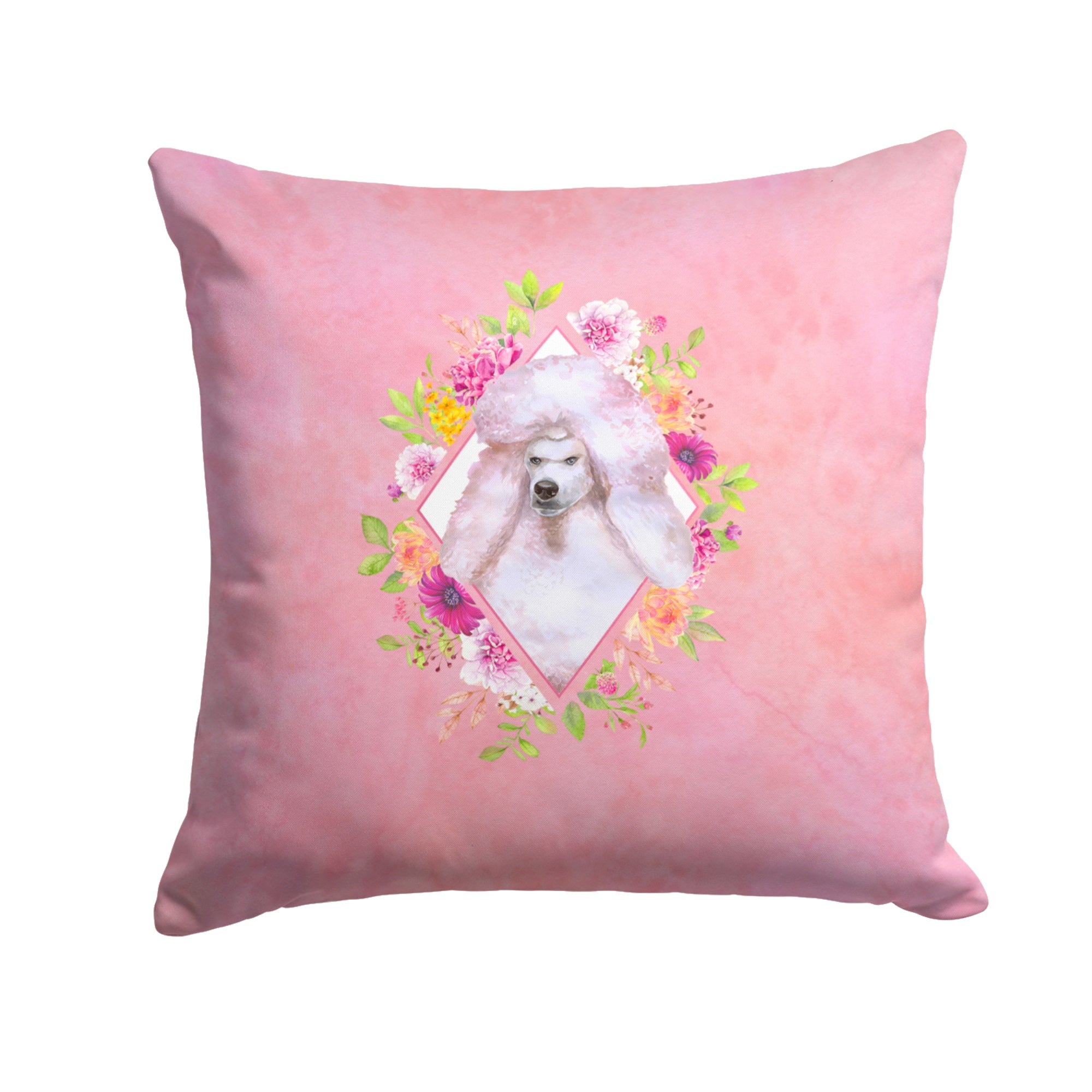 Standard White Poodle Pink Flowers Fabric Decorative Pillow