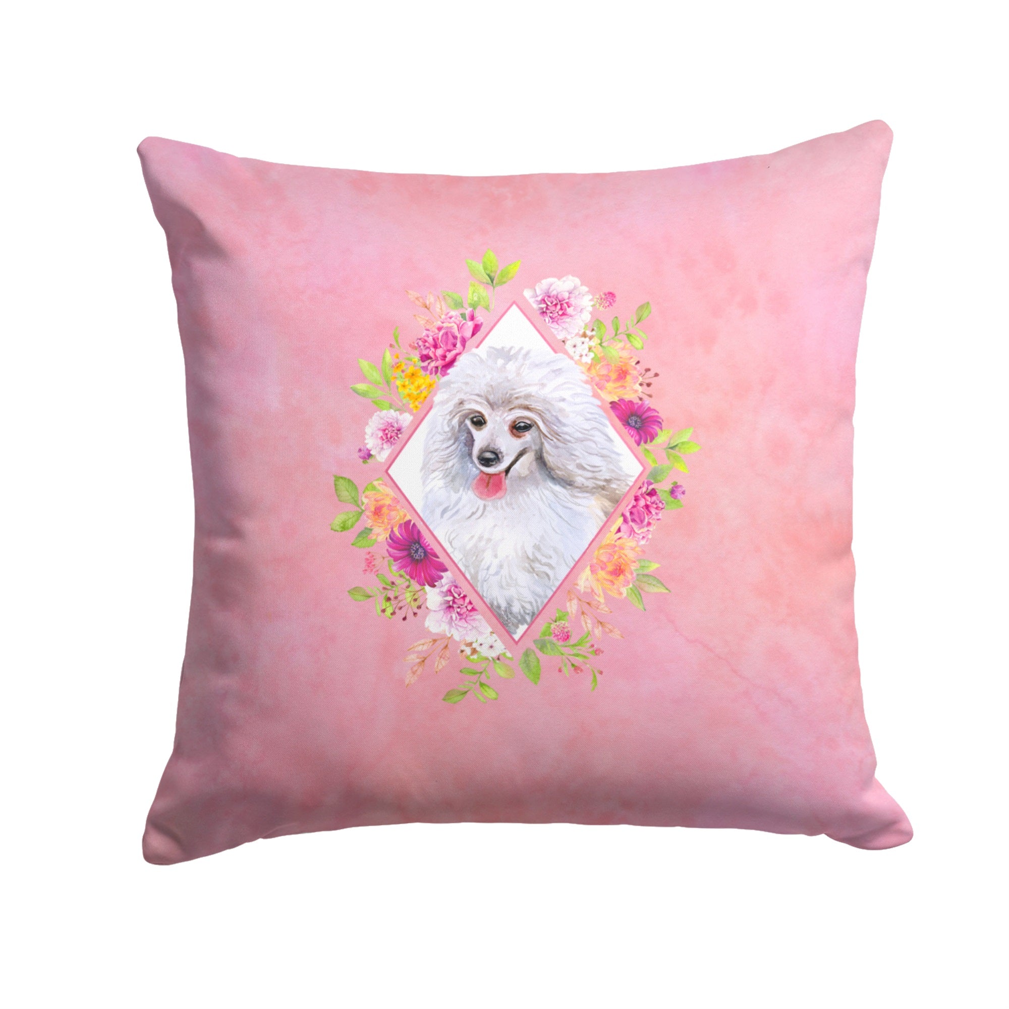 White Mini Poodle Pink Flowers Fabric Decorative Pillow