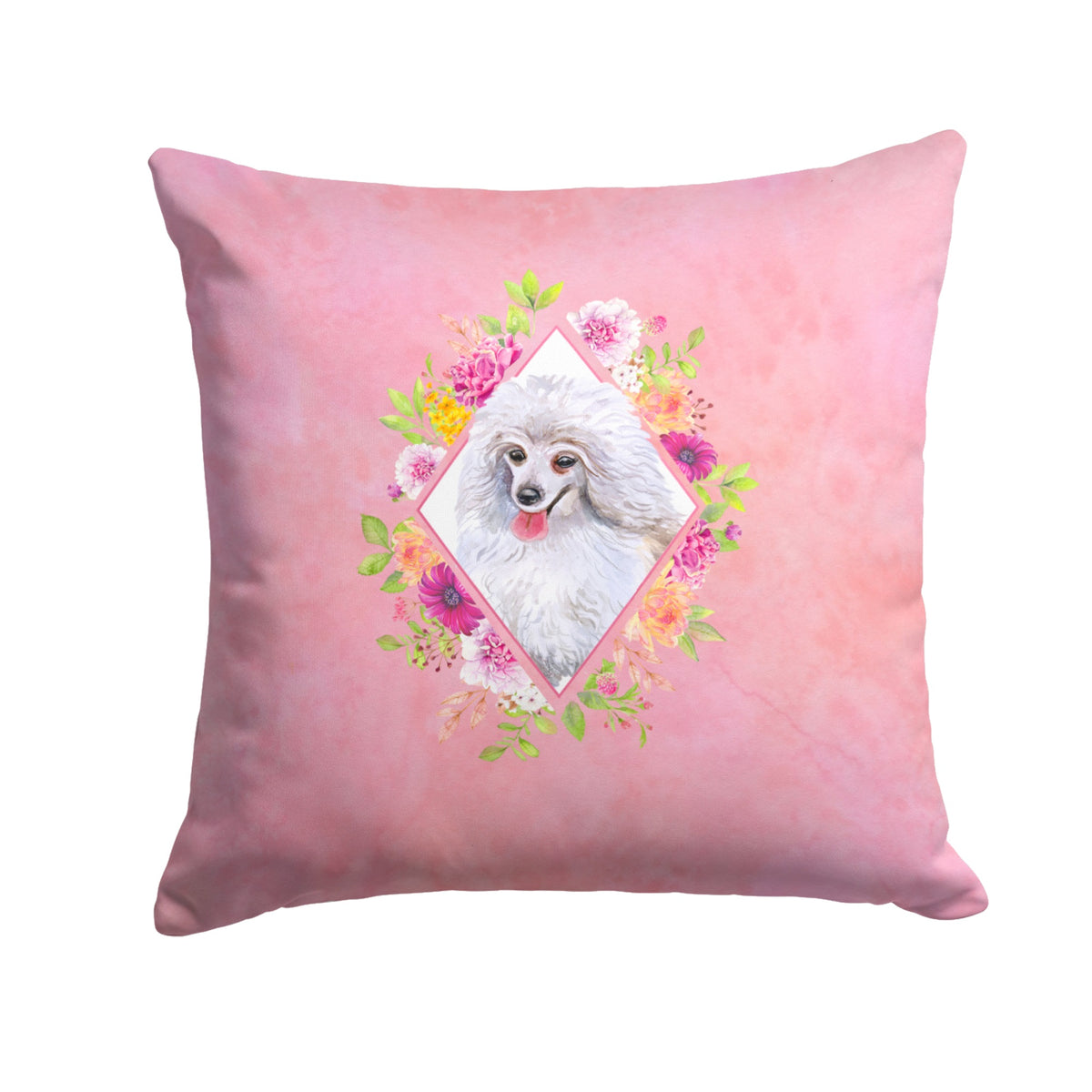 White Mini Poodle Pink Flowers Fabric Decorative Pillow
