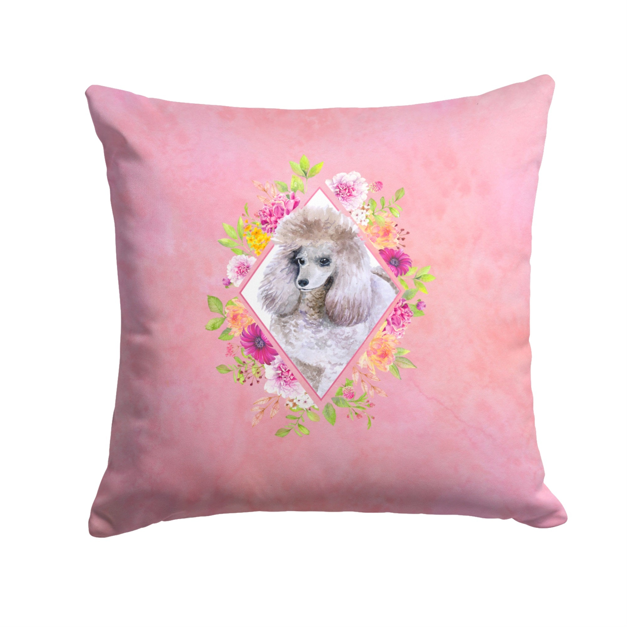 Standard Grey Poodle Pink Flowers Fabric Decorative Pillow