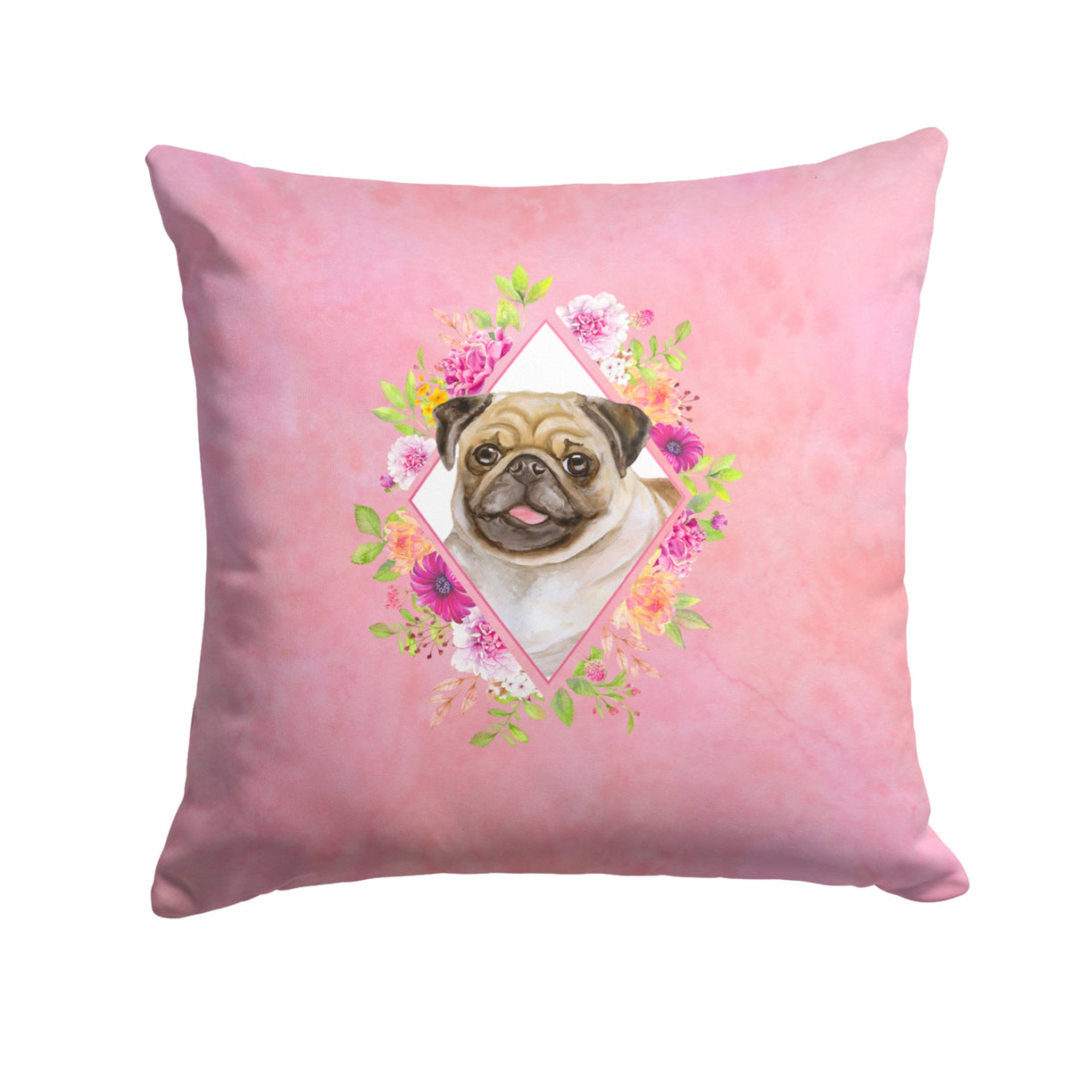Fawn Pug Pink Flowers Fabric Decorative Pillow