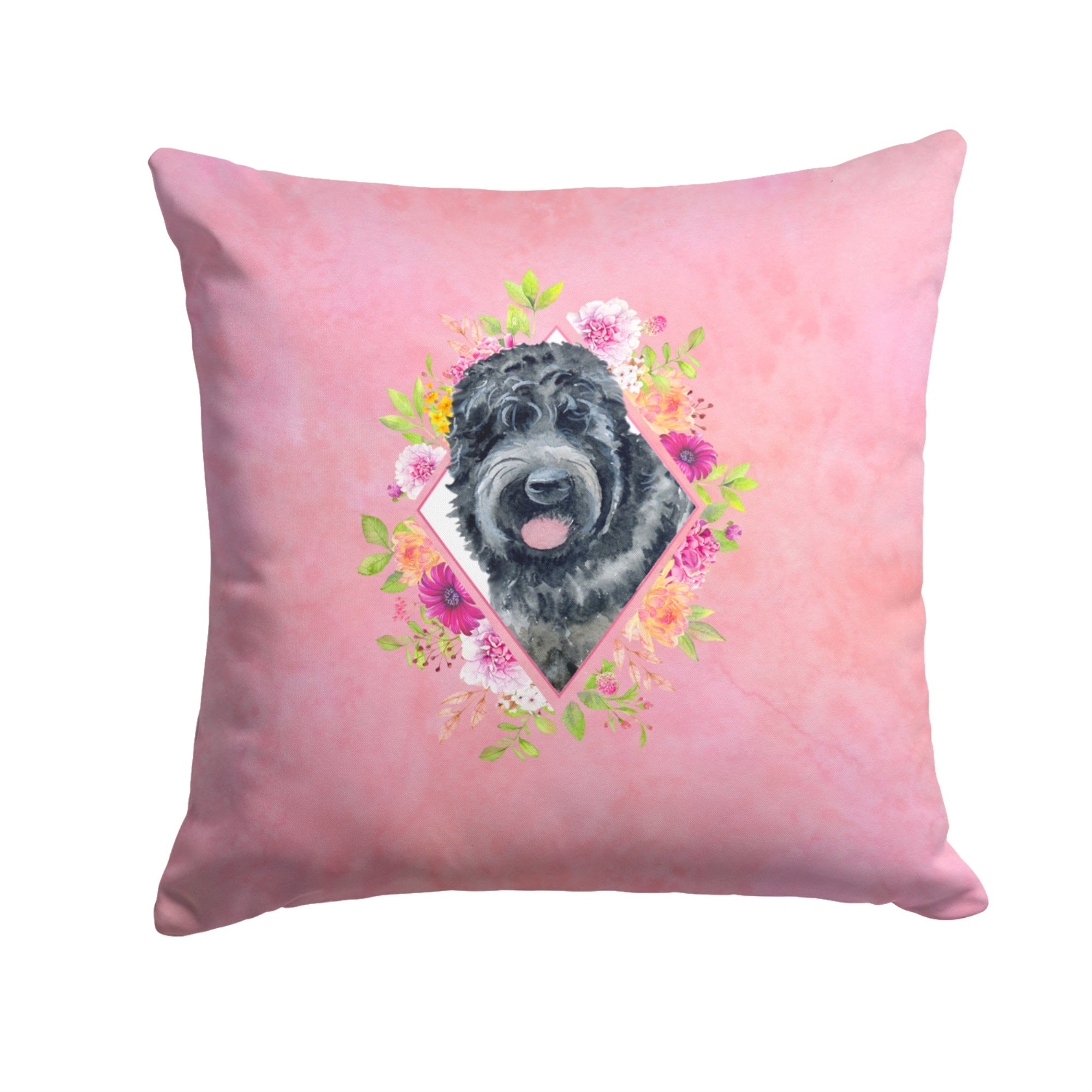 Russian Black Terrier Pink Flowers Fabric Decorative Pillow