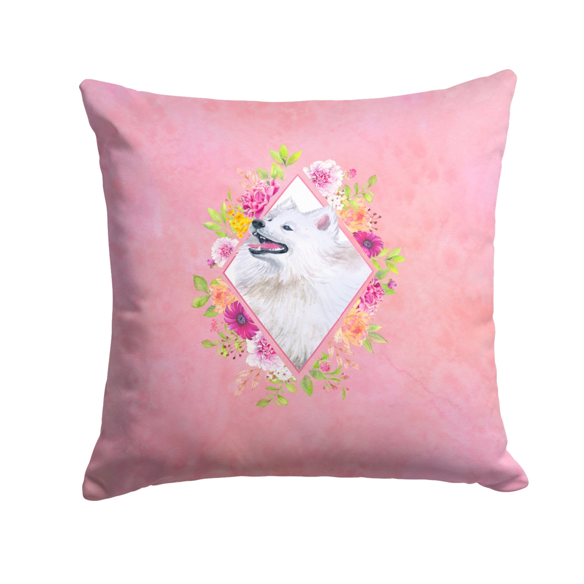 Samoyed Pink Flowers Fabric Decorative Pillow