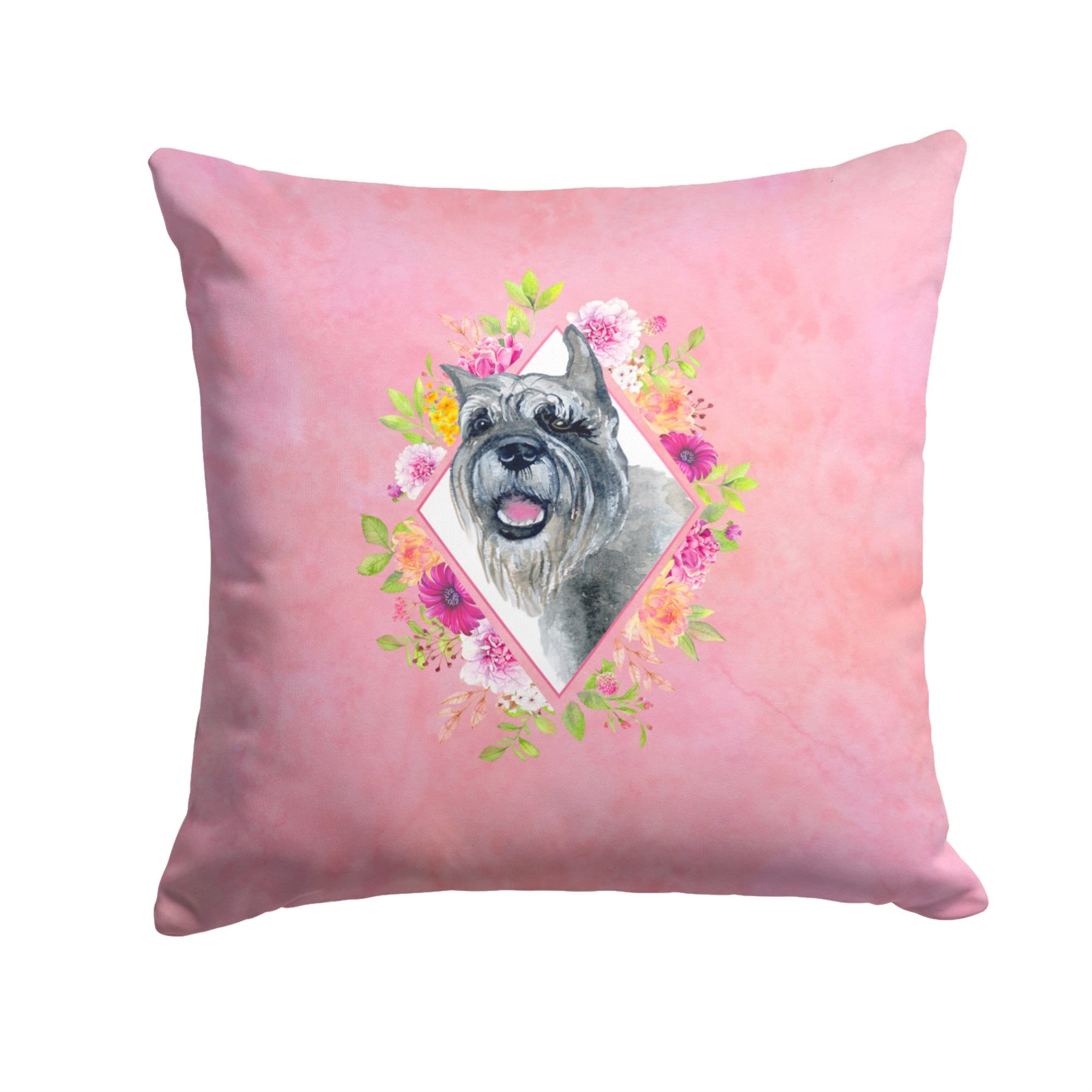 Schnauzer Pink Flowers Fabric Decorative Pillow