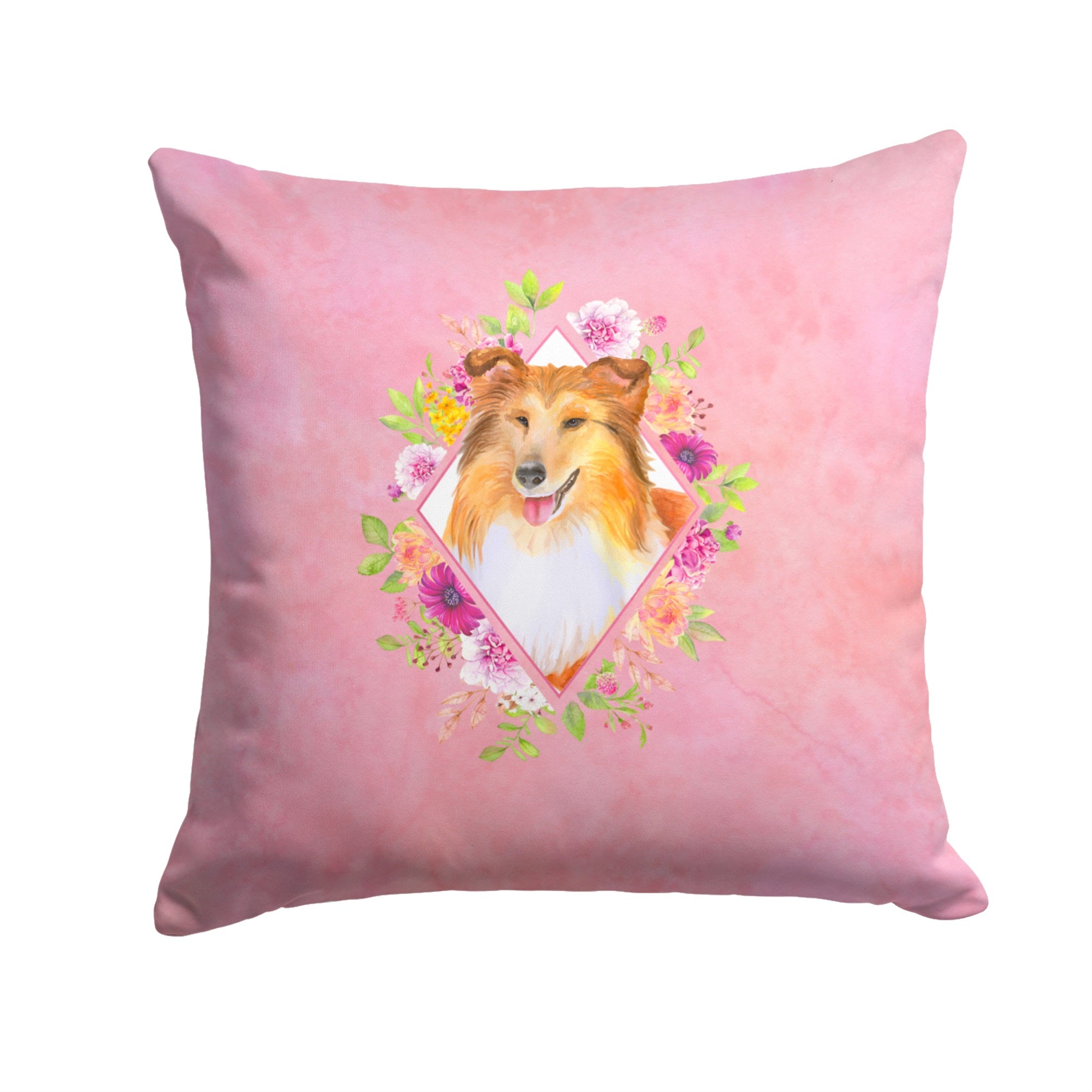 Sheltie Shetland Sheepdog Pink Flowers Fabric Decorative Pillow
