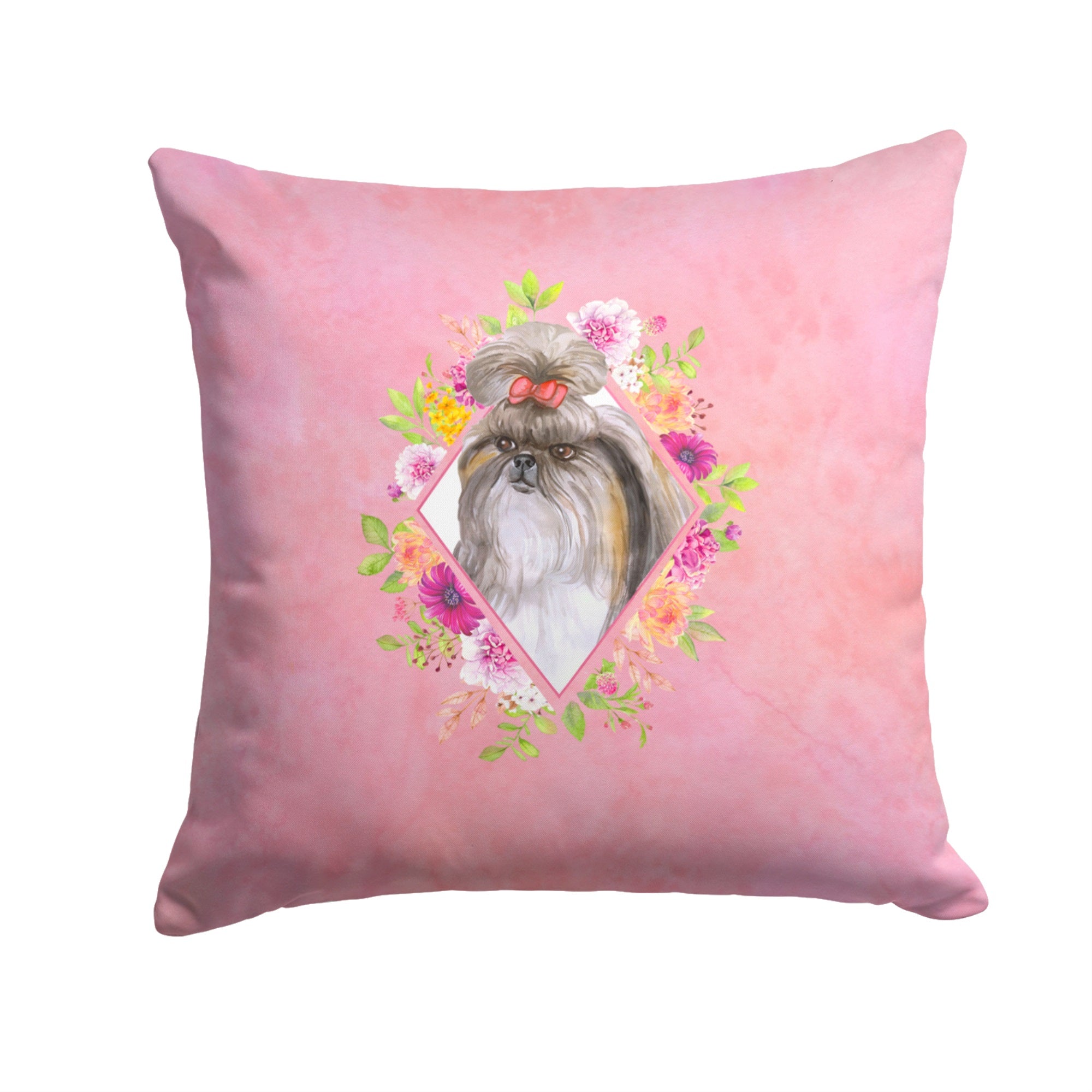 Shih Tzu Pink Flowers Fabric Decorative Pillow