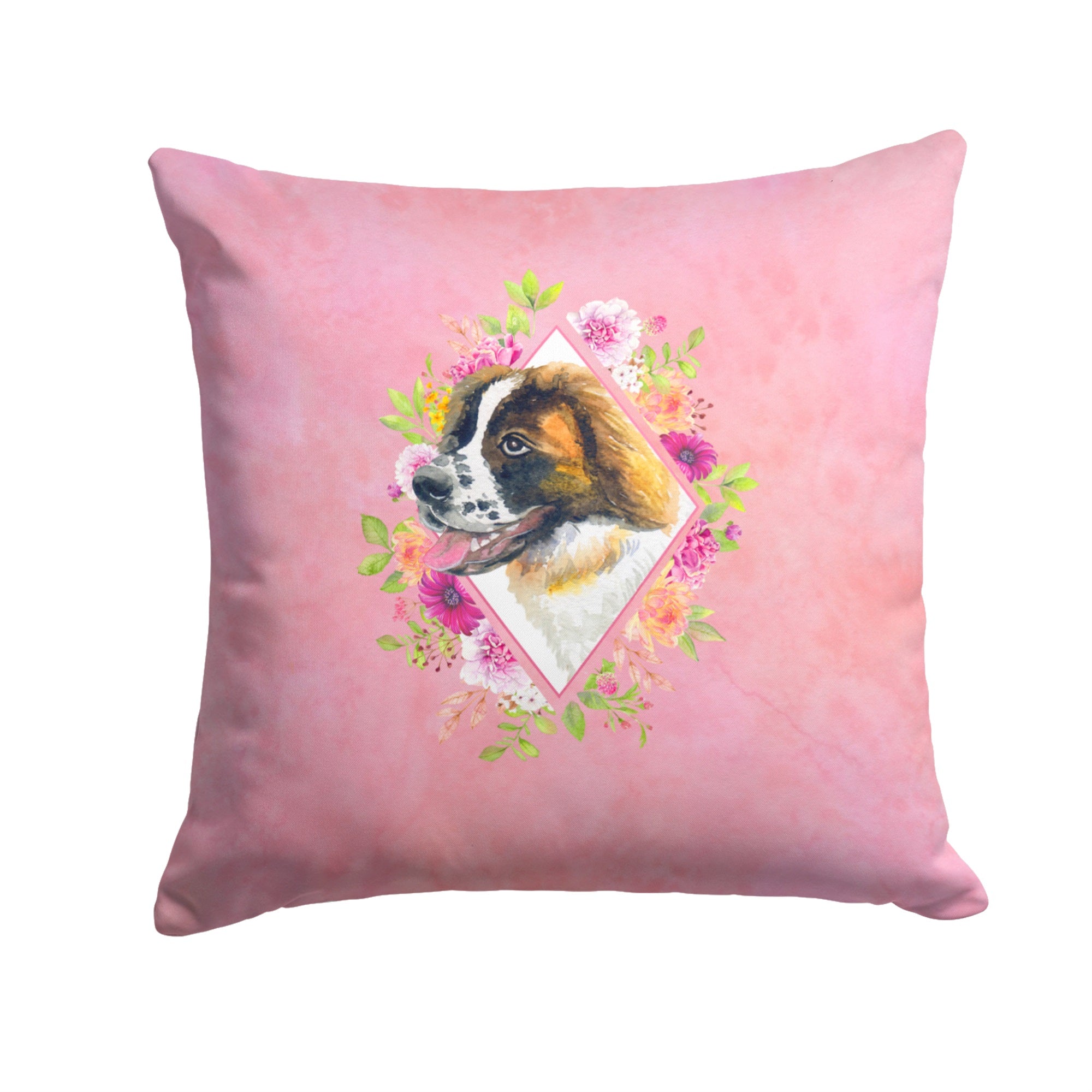Saint Bernard #2 Pink Flowers Fabric Decorative Pillow