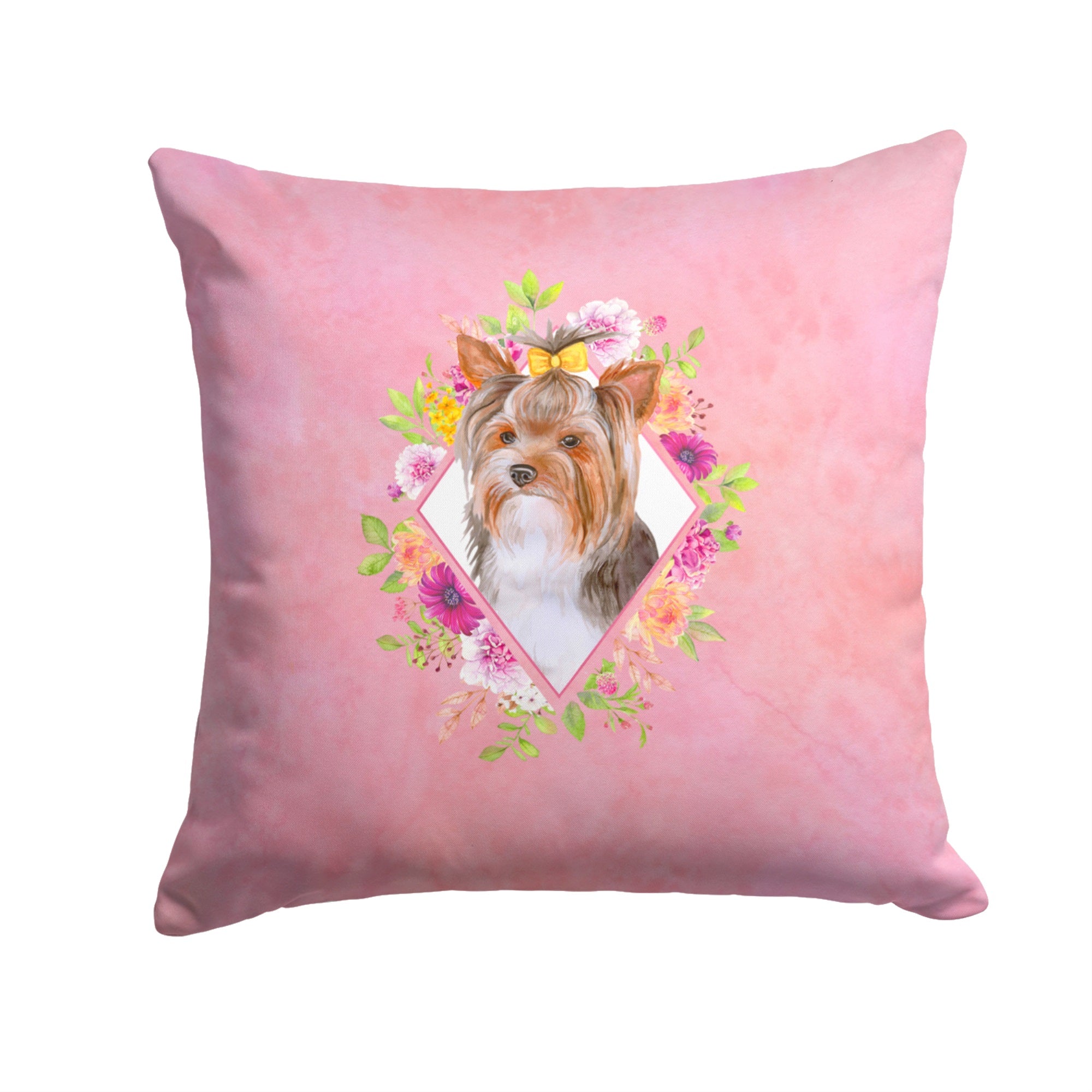 Yorkshire Terrier #1 Pink Flowers Fabric Decorative Pillow