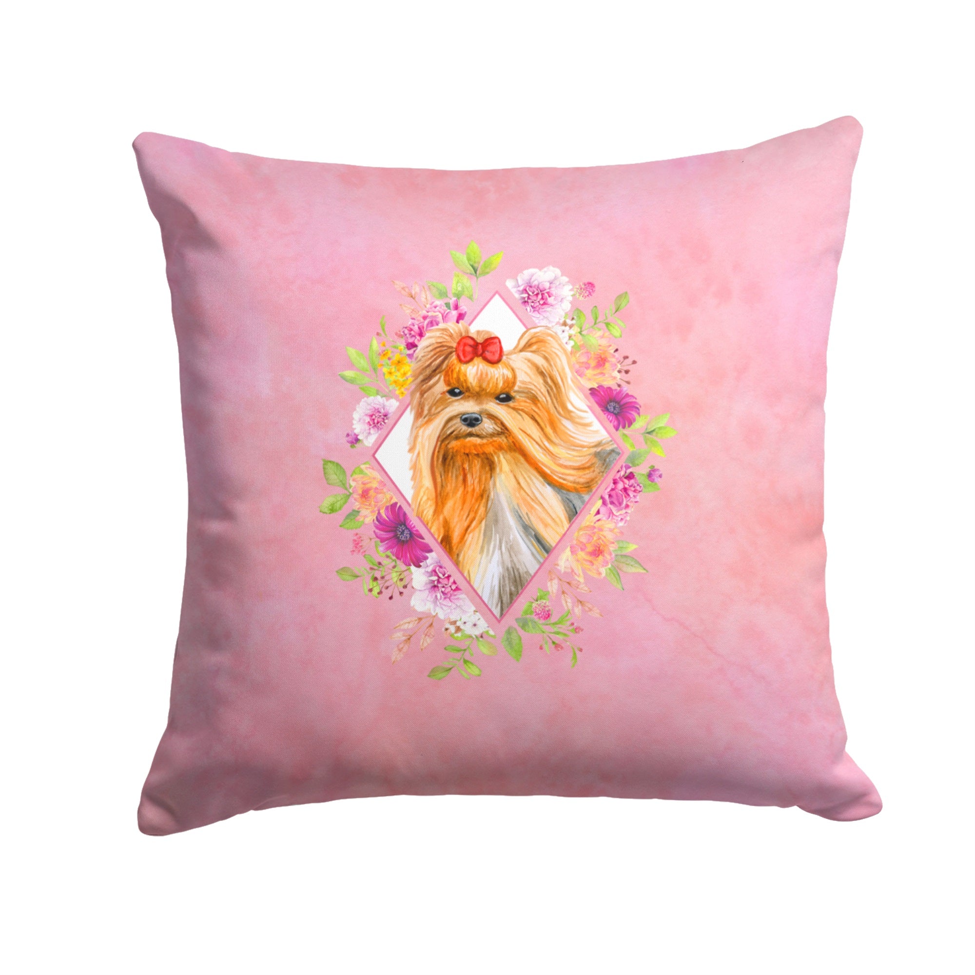 Yorkshire Terrier #2 Pink Flowers Fabric Decorative Pillow