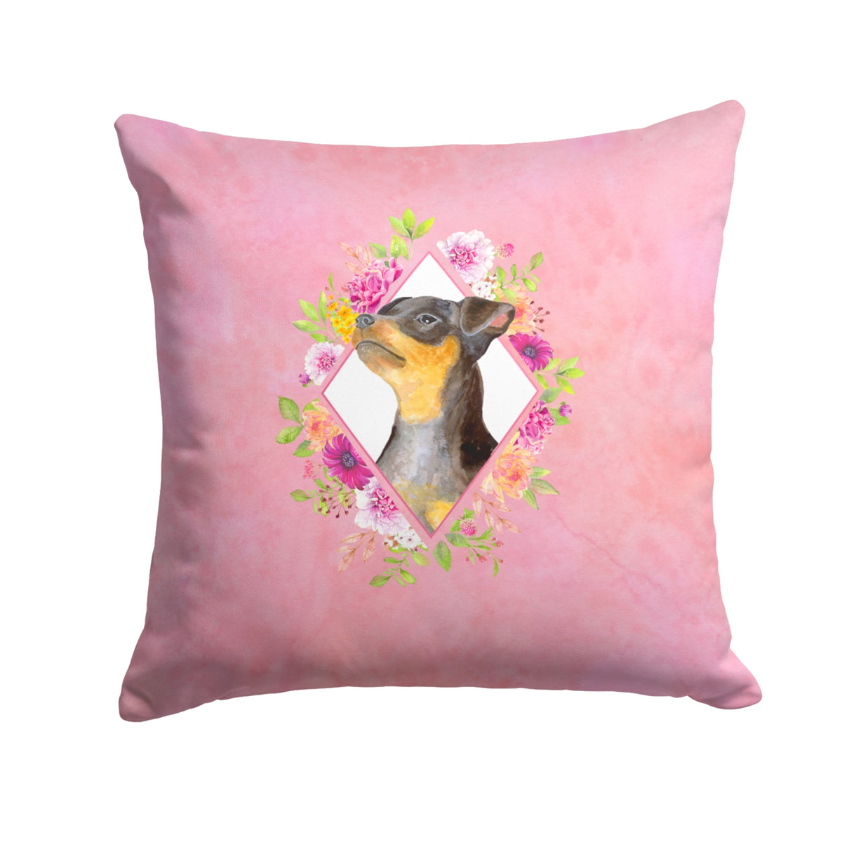Black Miniature Pinscher Pink Flowers Fabric Decorative Pillow