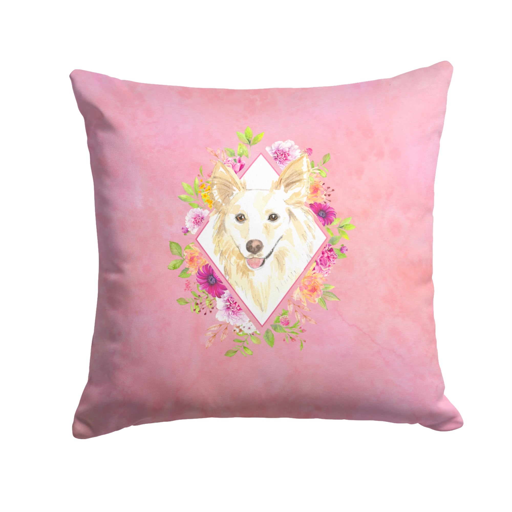 White Collie Pink Flowers Fabric Decorative Pillow