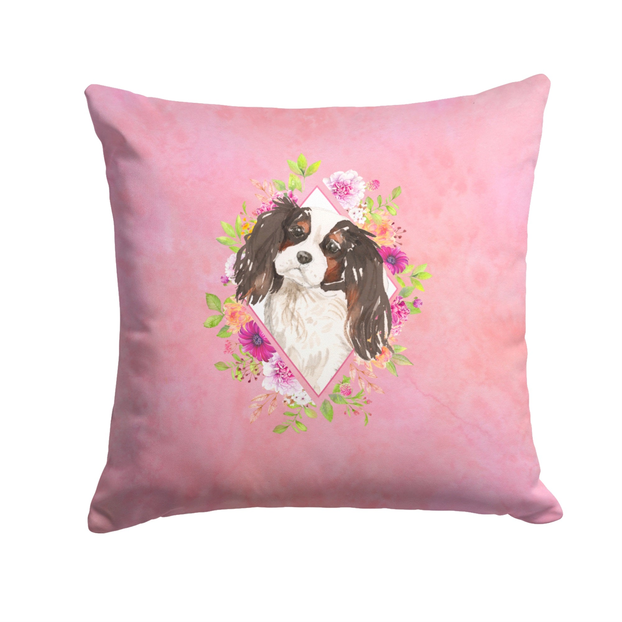 Tricolor Cavalier Spaniel Pink Flowers Fabric Decorative Pillow