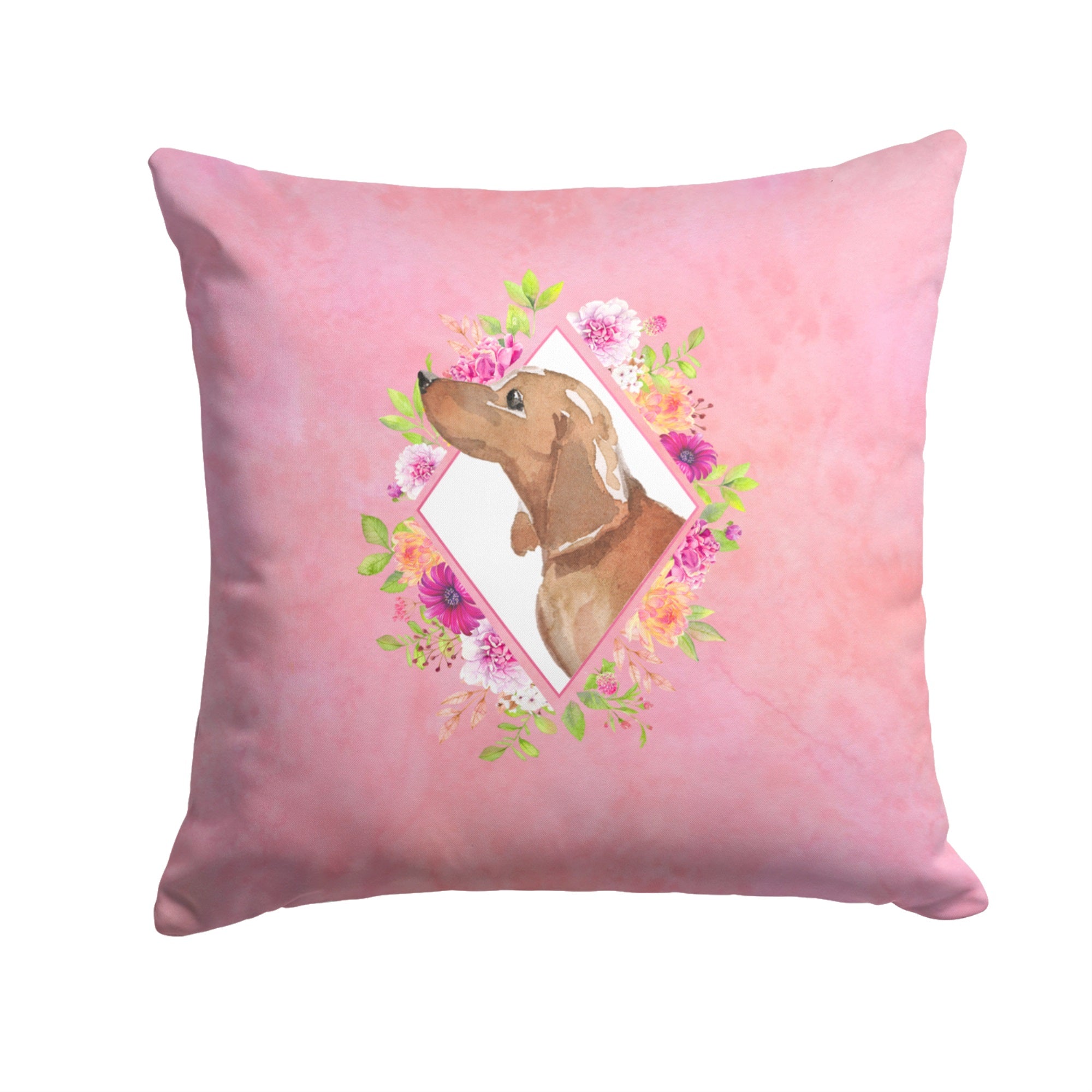 Dachshund Pink Flowers Fabric Decorative Pillow