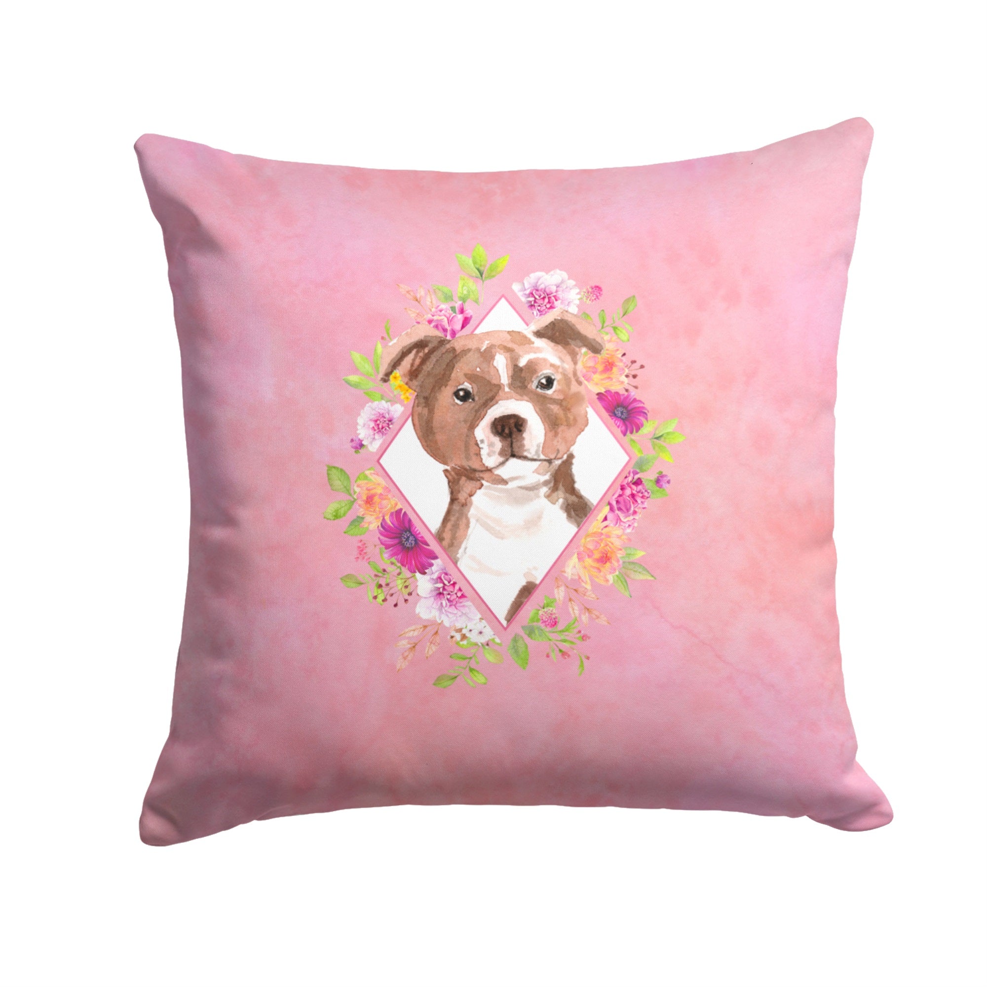 Staffie Bull Terrier Pink Flowers Fabric Decorative Pillow