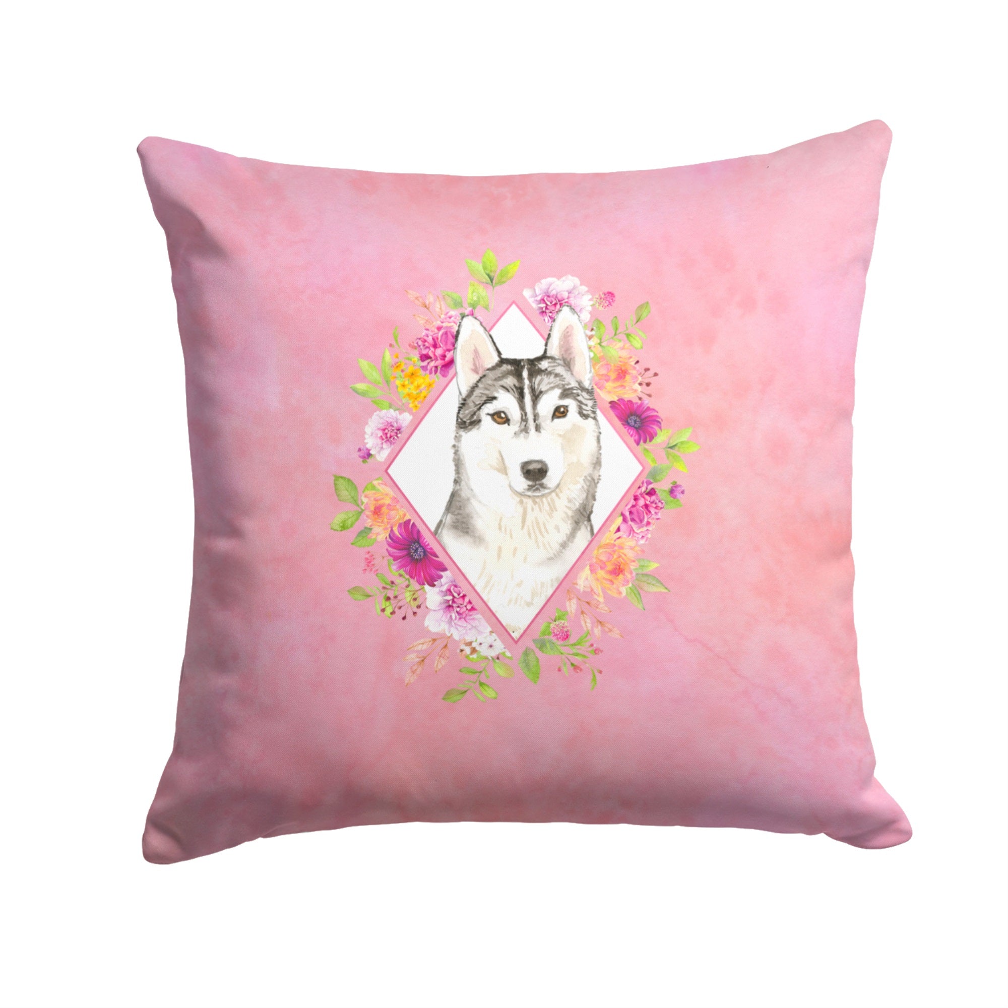 Siberian Husky Pink Flowers Fabric Decorative Pillow