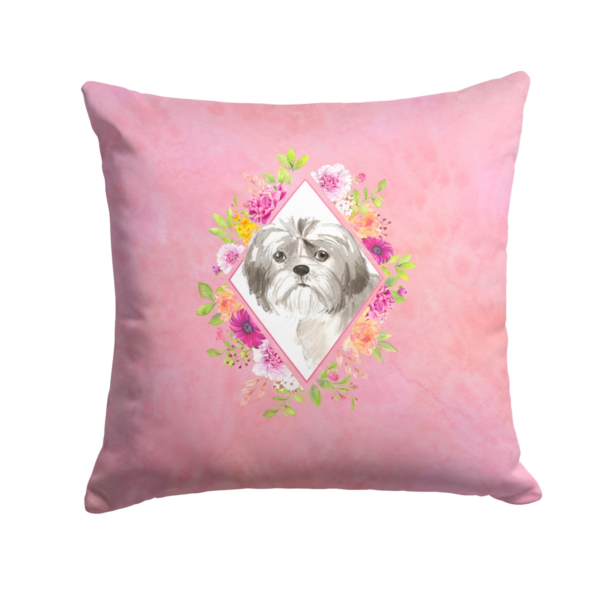 Shih Tzu Puppy Pink Flowers Fabric Decorative Pillow