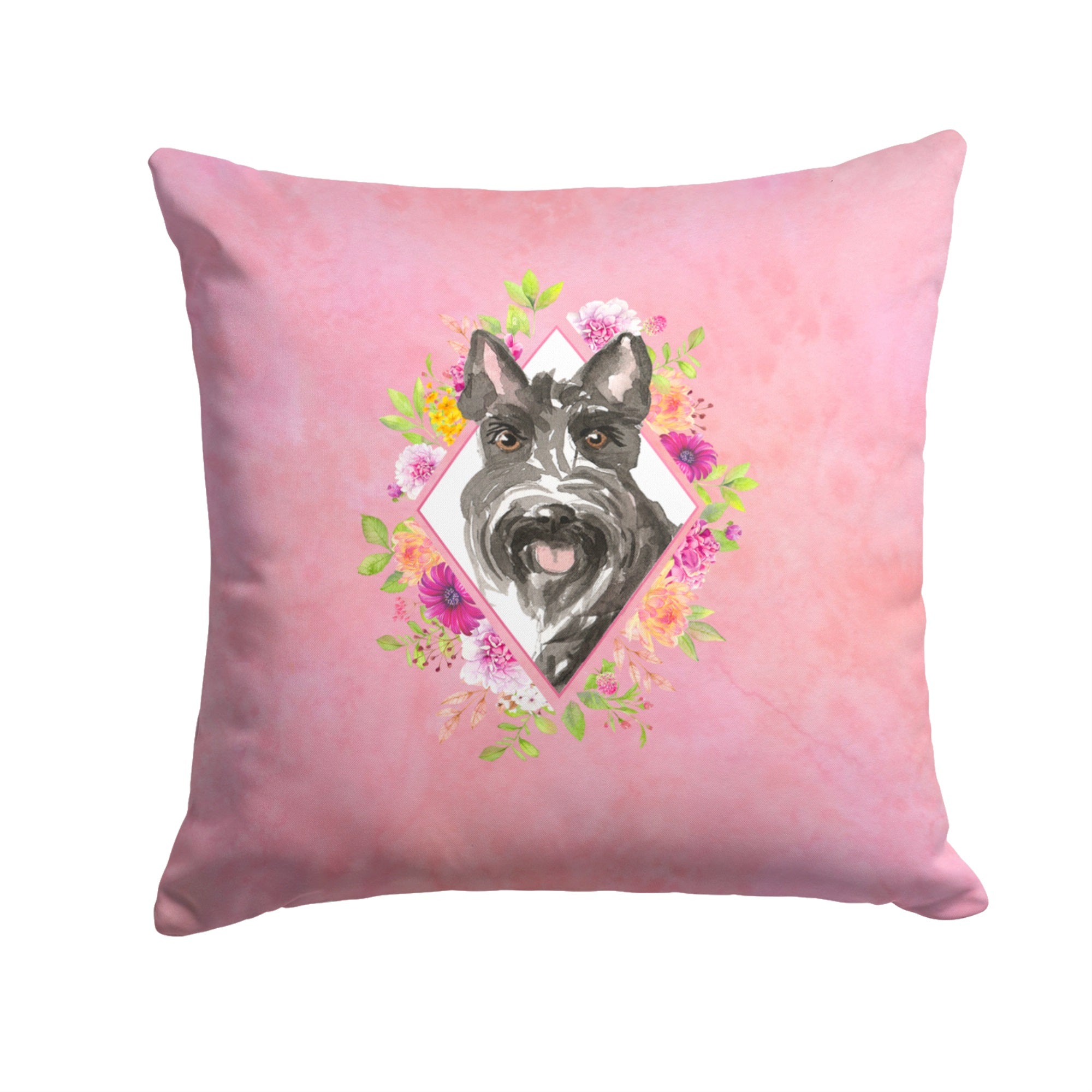 Scottish Terrier Pink Flowers Fabric Decorative Pillow