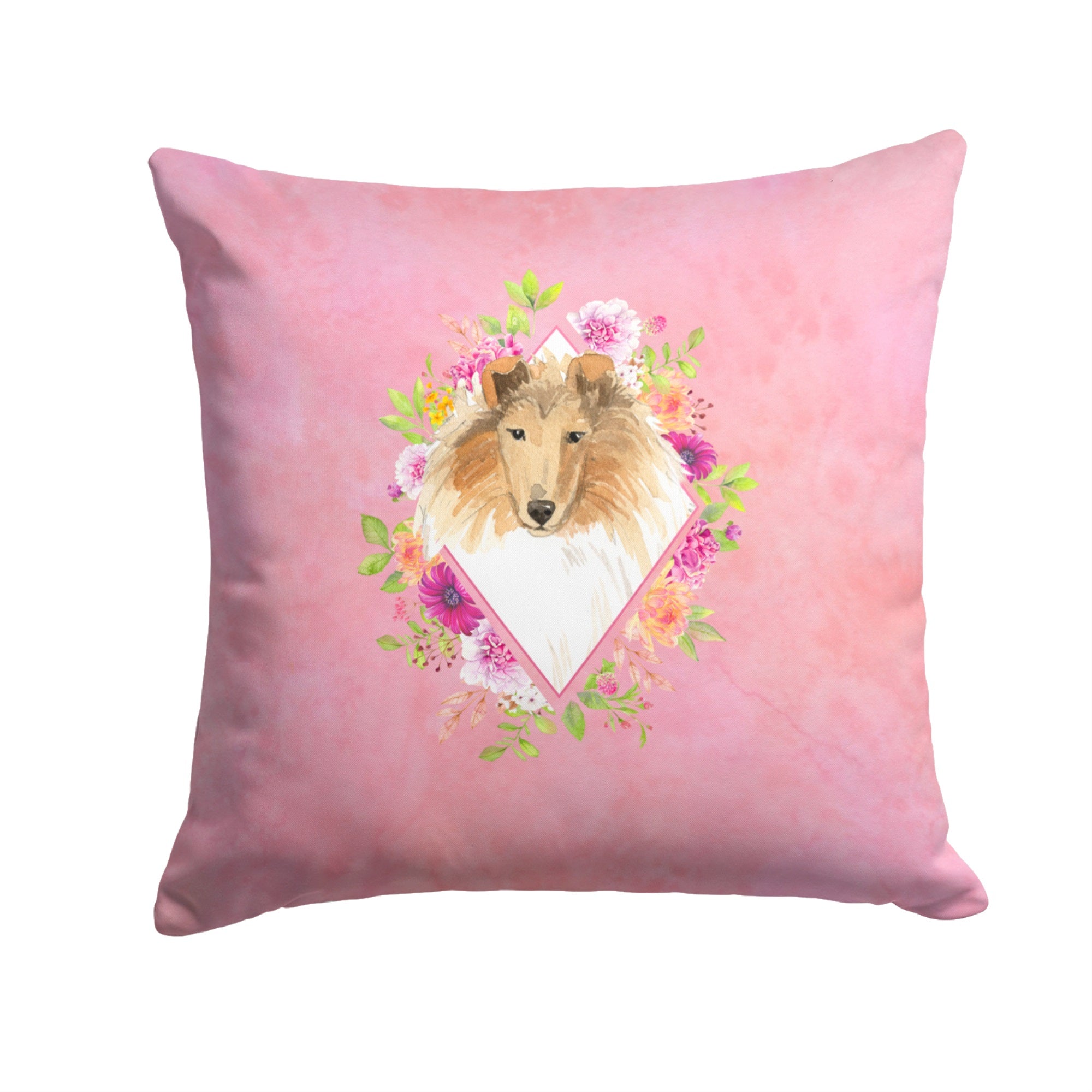 Collie Pink Flowers Fabric Decorative Pillow